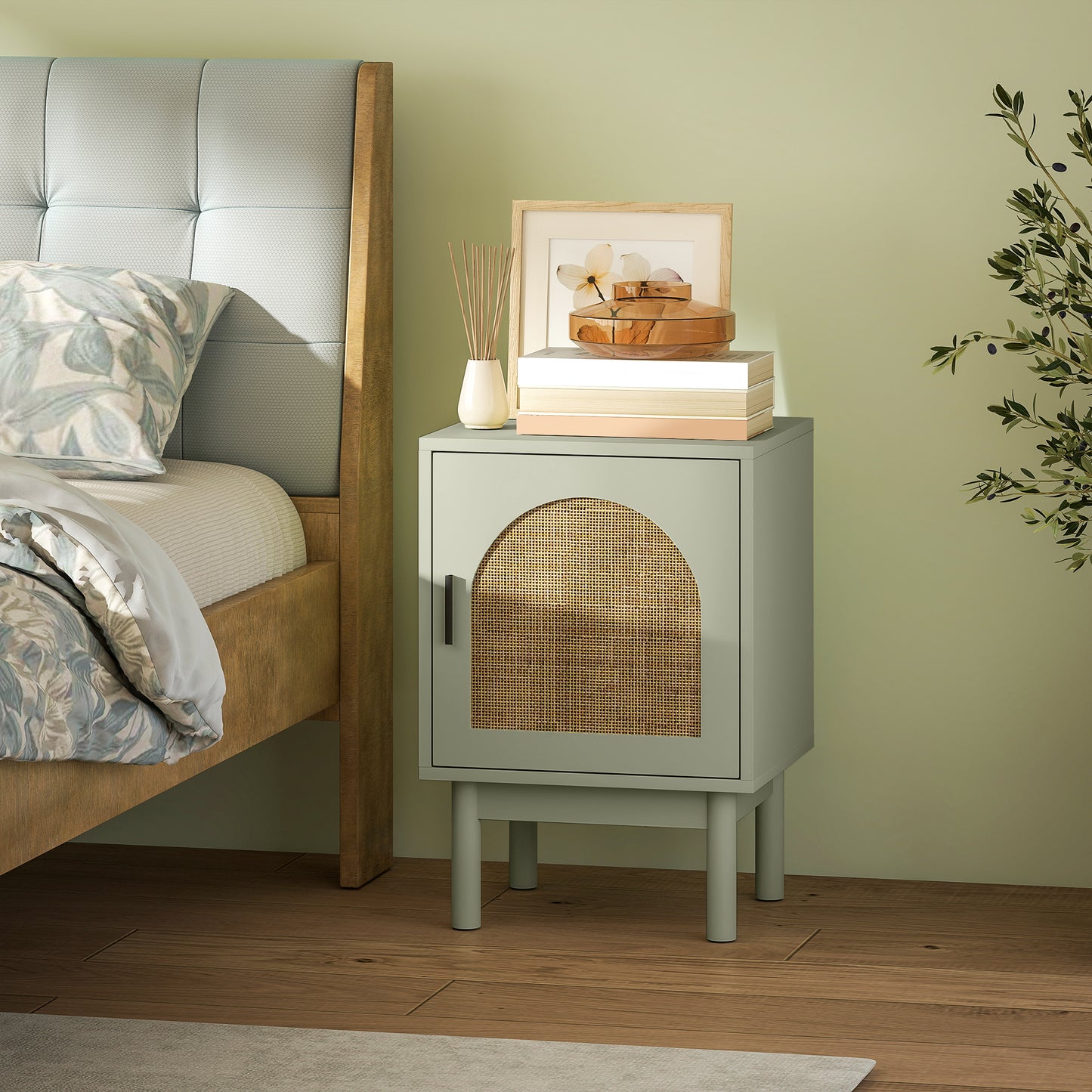 HOMCOM Rattan Bedside Table With Arch Door In Light Green Two Tier Design With Adjustable Shelves And Non Slip Wood Legs