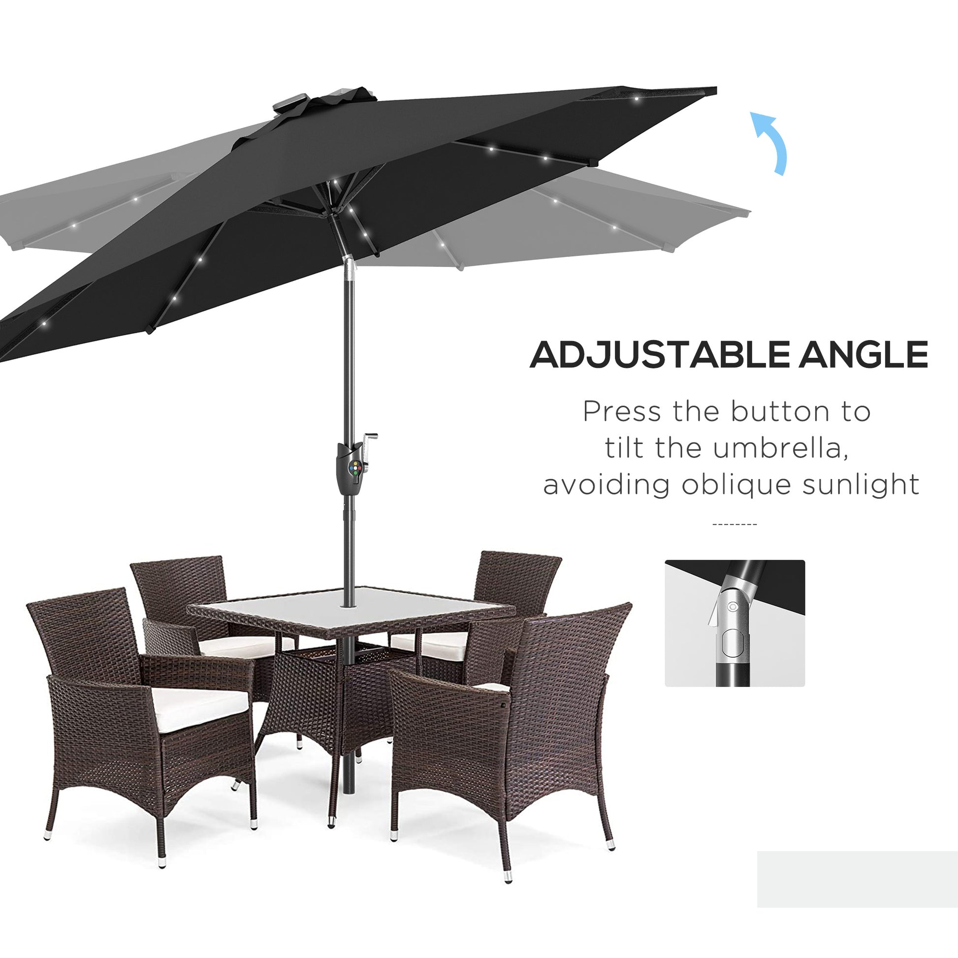 Outsunny Solar-Powered LED Garden Umbrella with Adjustable Tilt and Hand Crank, 2.7m Outdoor Patio Shade, Black - ALL4U RETAILER LTD