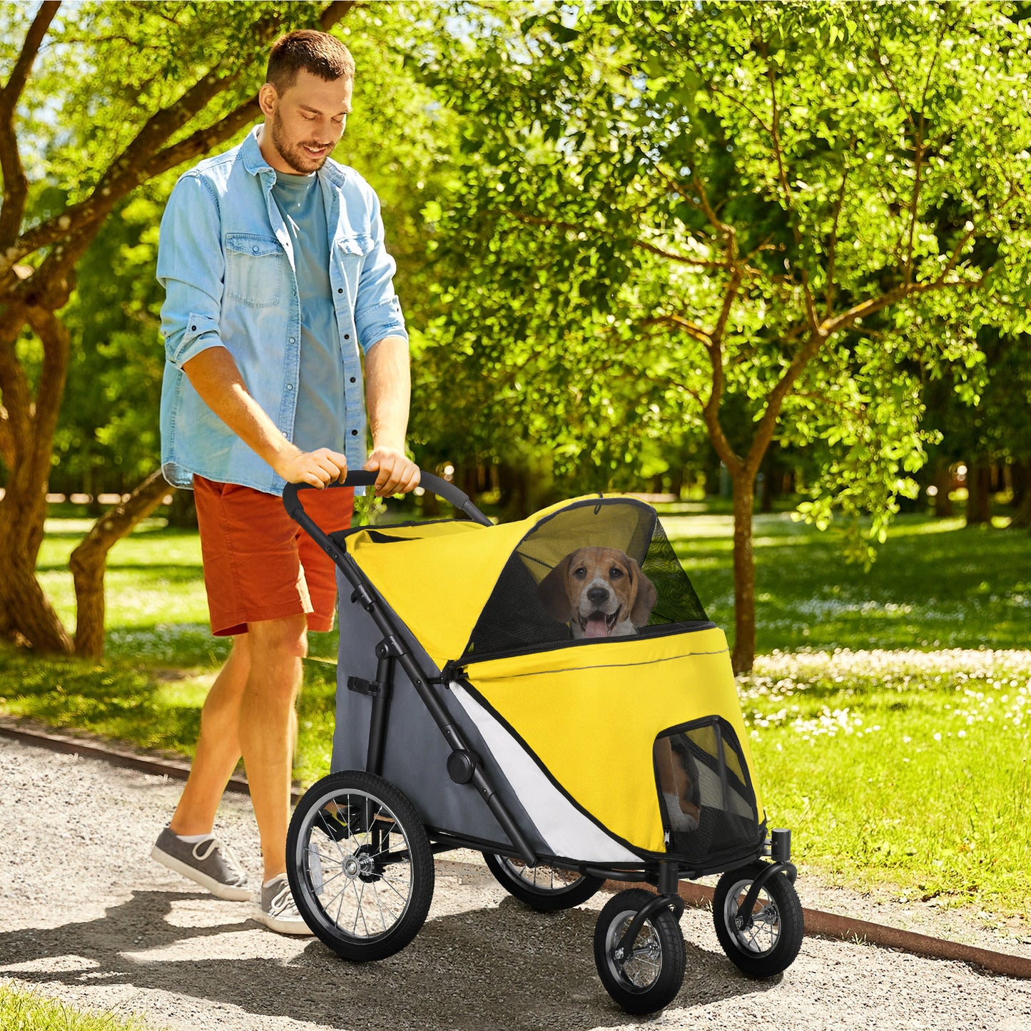 PawHut Large Dog & Cat Travel Stroller with Washable Cushion, Safety Leash, and Storage Bags - Yellow - ALL4U RETAILER LTD