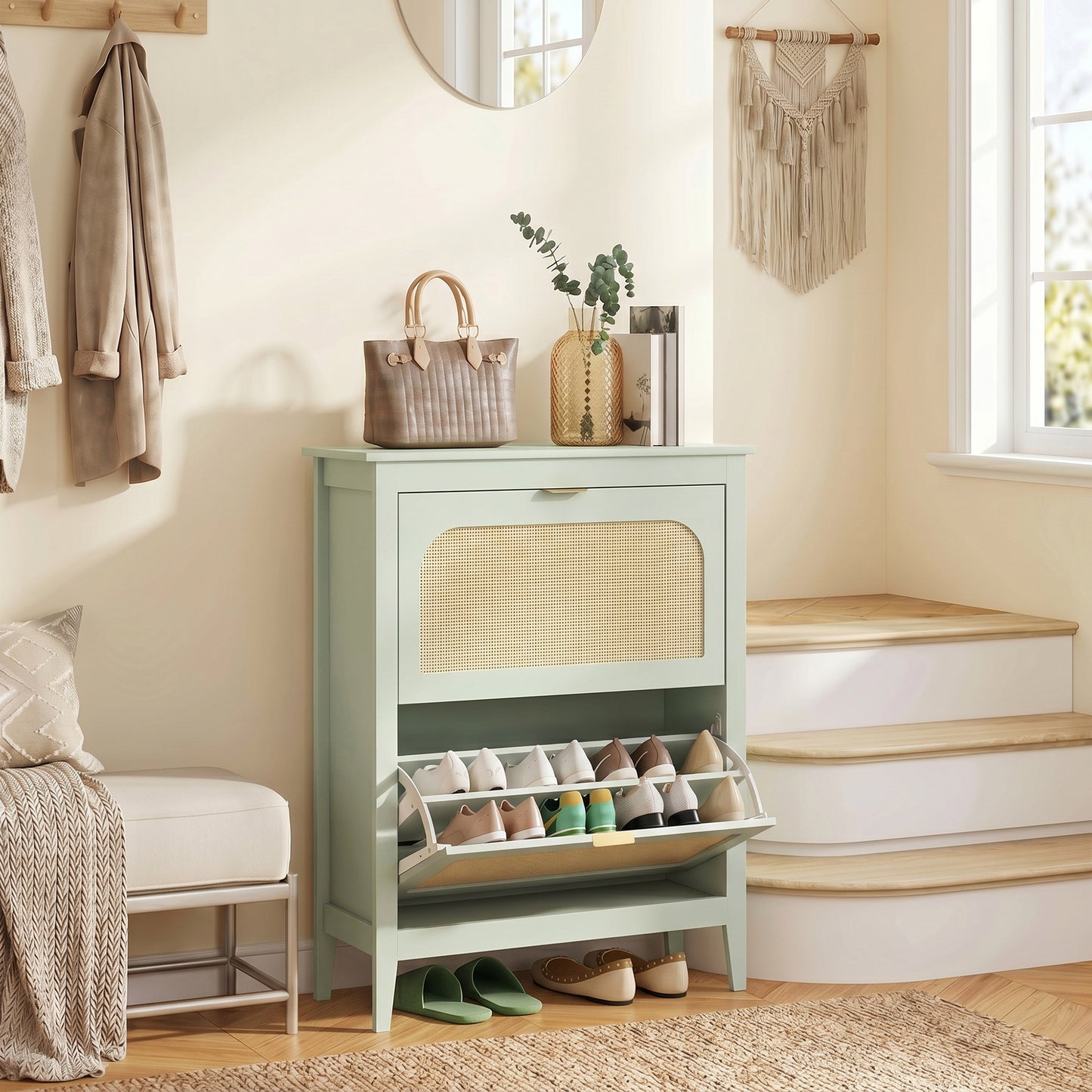 HOMCOM Narrow Boho Shoe Cabinet With 2 Flip Drawers Holds 14 Pairs In Light Green Finish