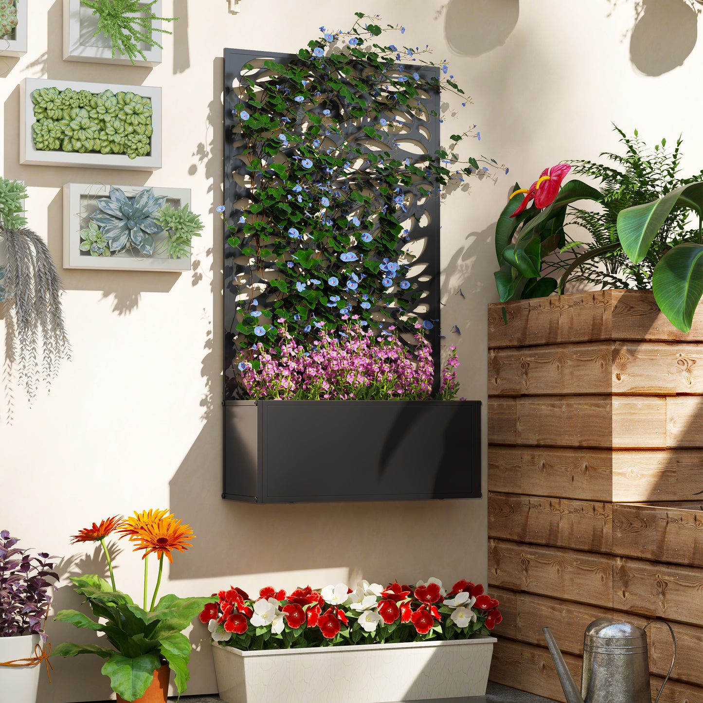 Outsunny Outdoor Metal Planter With Back Trellis Black Powder Coated 23 x 58 cm 32L Soil Capacity
