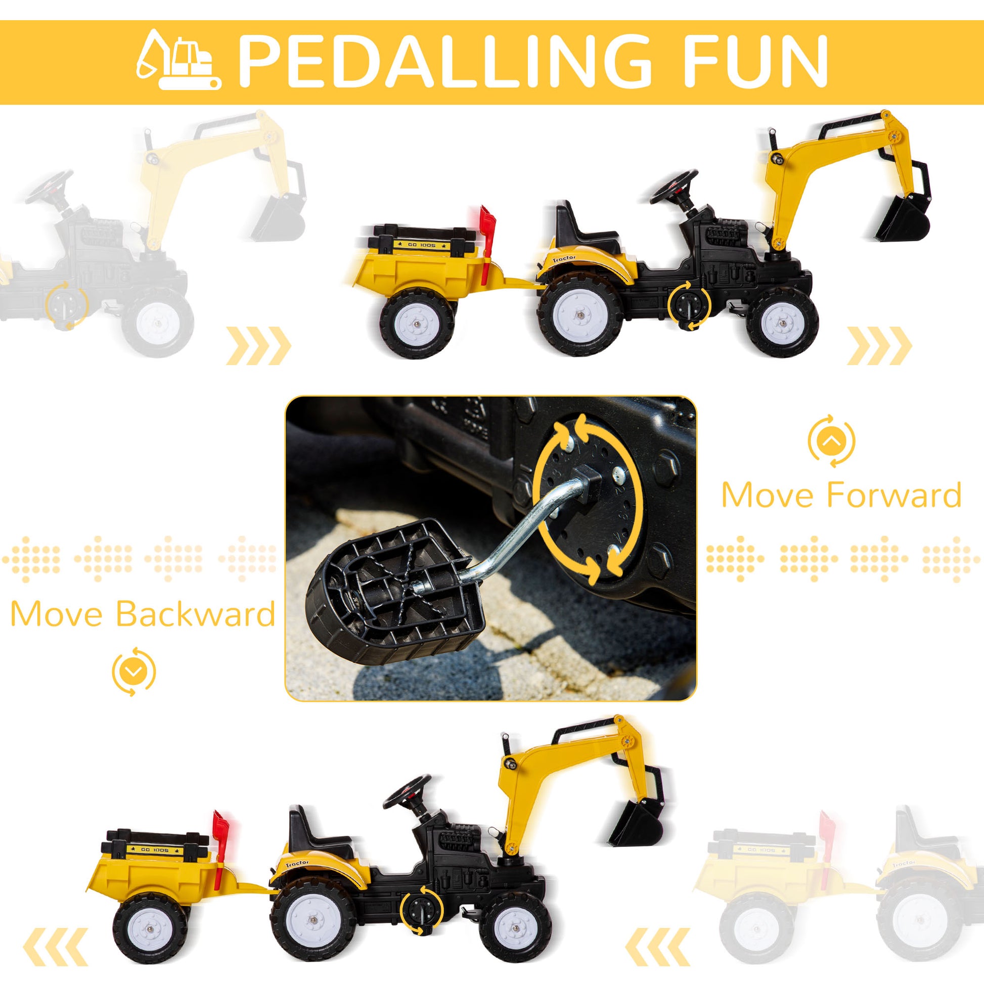 AIYAPLAY Kids Construction-Themed Ride-On Pedal Digger with Horn and Removable Trailer in Yellow - ALL4U RETAILER LTD