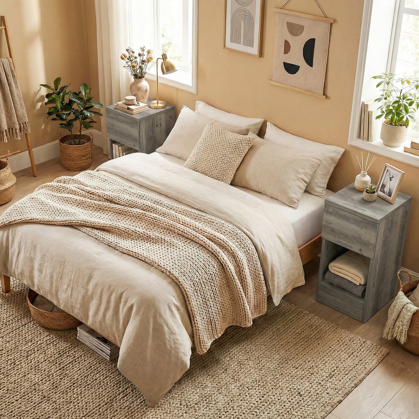 HOMCOM Set of Two Modern Storage Bedside Tables Grey With Wood Effect Tops Slim Design And Versatile Nightstands