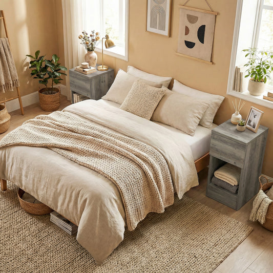 HOMCOM Set of Two Modern Storage Bedside Tables Grey With Wood Effect Tops Slim Design And Versatile Nightstands