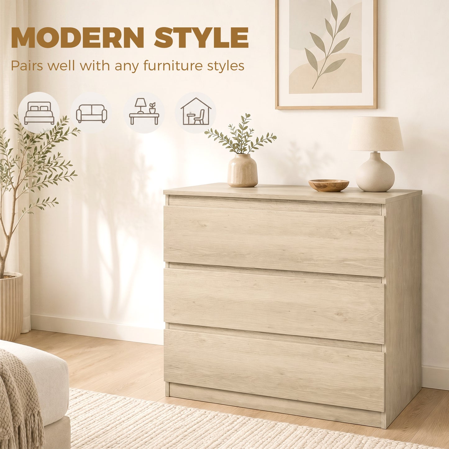 HOMCOM 3 Drawer Storage Organiser Unit Oak Chest Of Drawers For Bedroom Living Room 80x39x73 cm