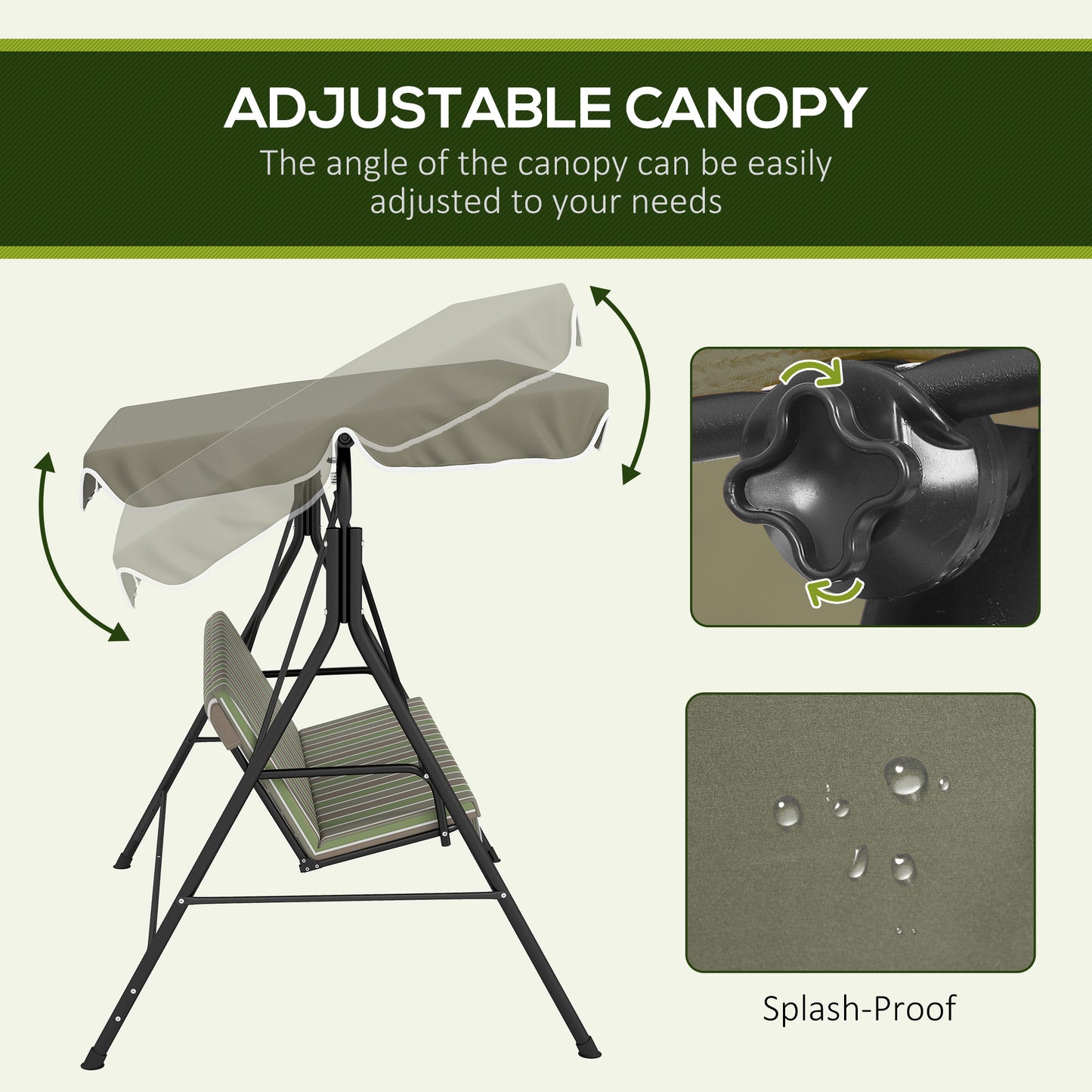 Outsunny Three Seater Garden Swing Chair With Adjustable Canopy And Padded Seat For Outdoor Patio Green
