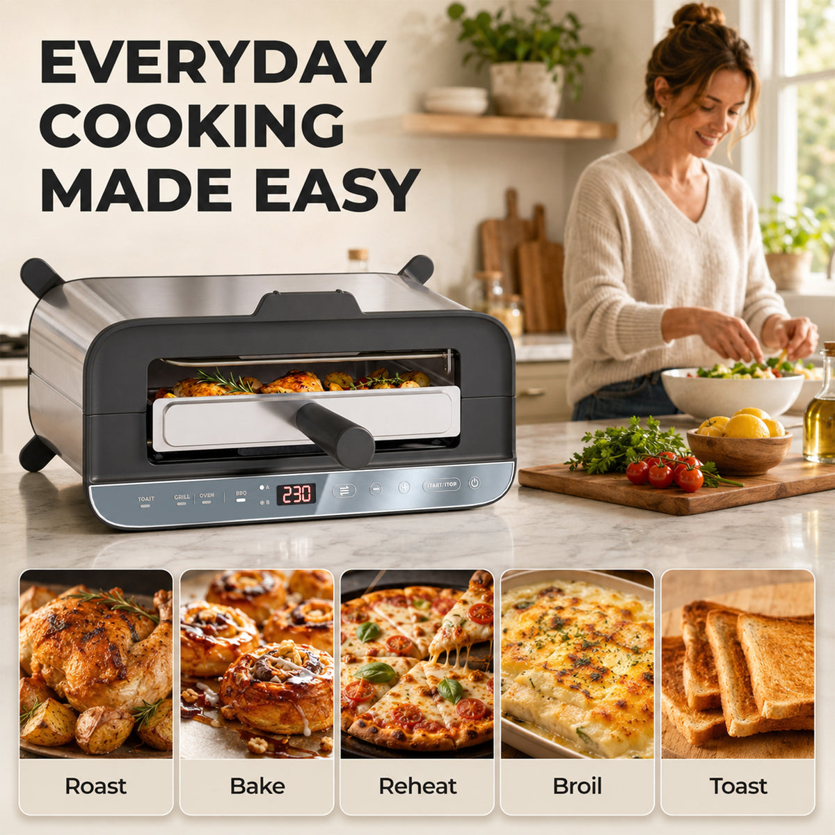 3-in-1 electric countertop oven on kitchen counter with clear door window and preset modes