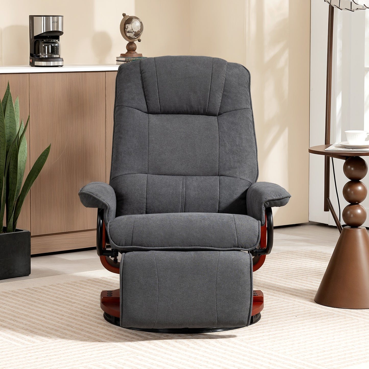 HOMCOM Reclining Swivel Chair With Manual Footrest In Grey Upholstered Armchair For Living Room And Home Office Comfort