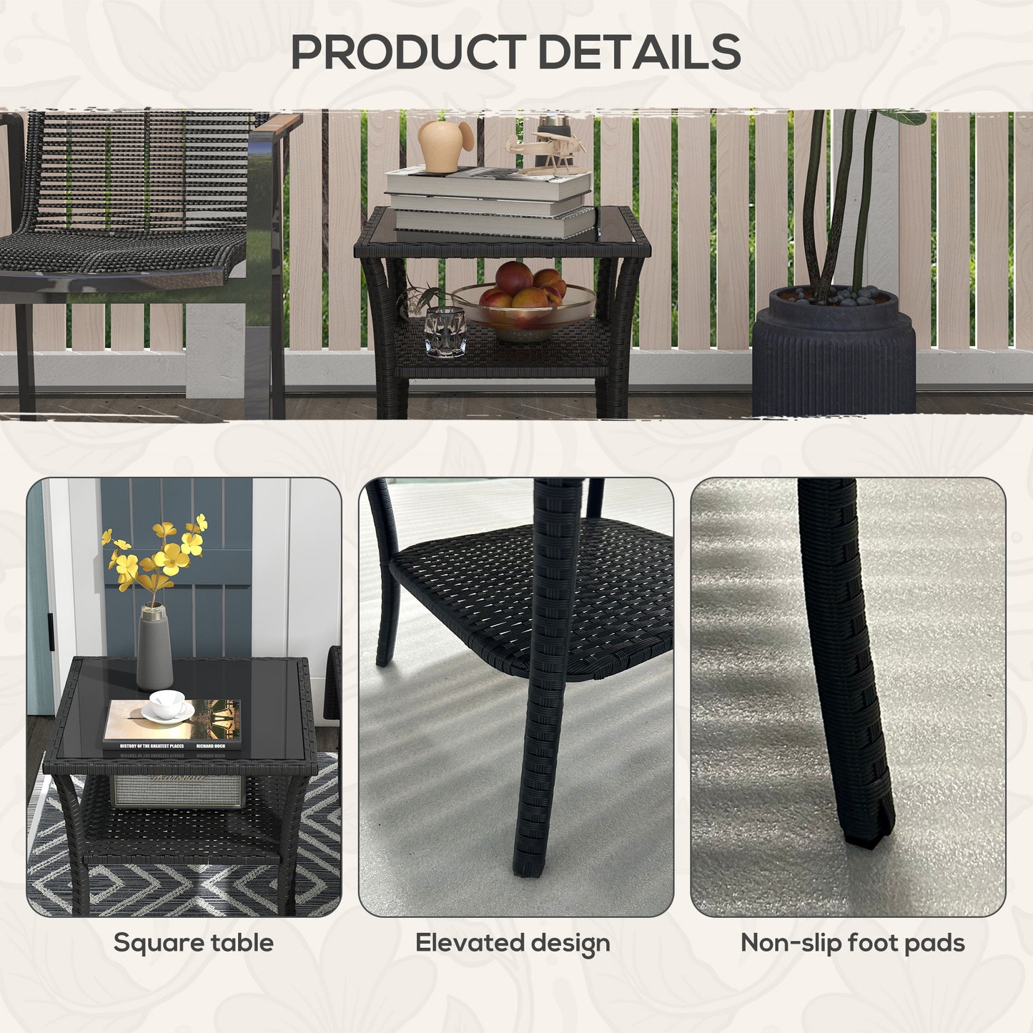 Outsunny Two Tier PE Rattan Square Coffee Table With Glass Top For Outdoor Garden Black