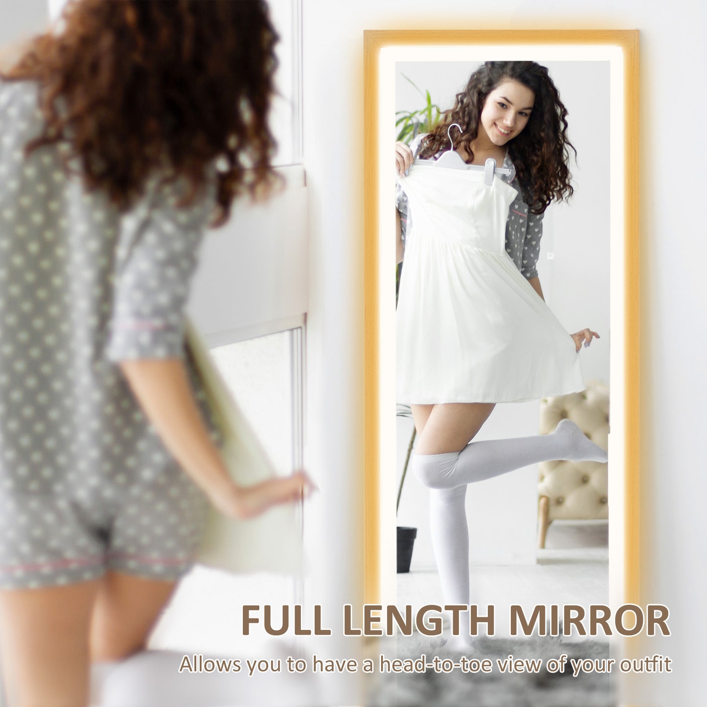 HOMCOM Full Length Mirror With Adjustable Outer LED Light In Oak Finish Three Color Temperatures