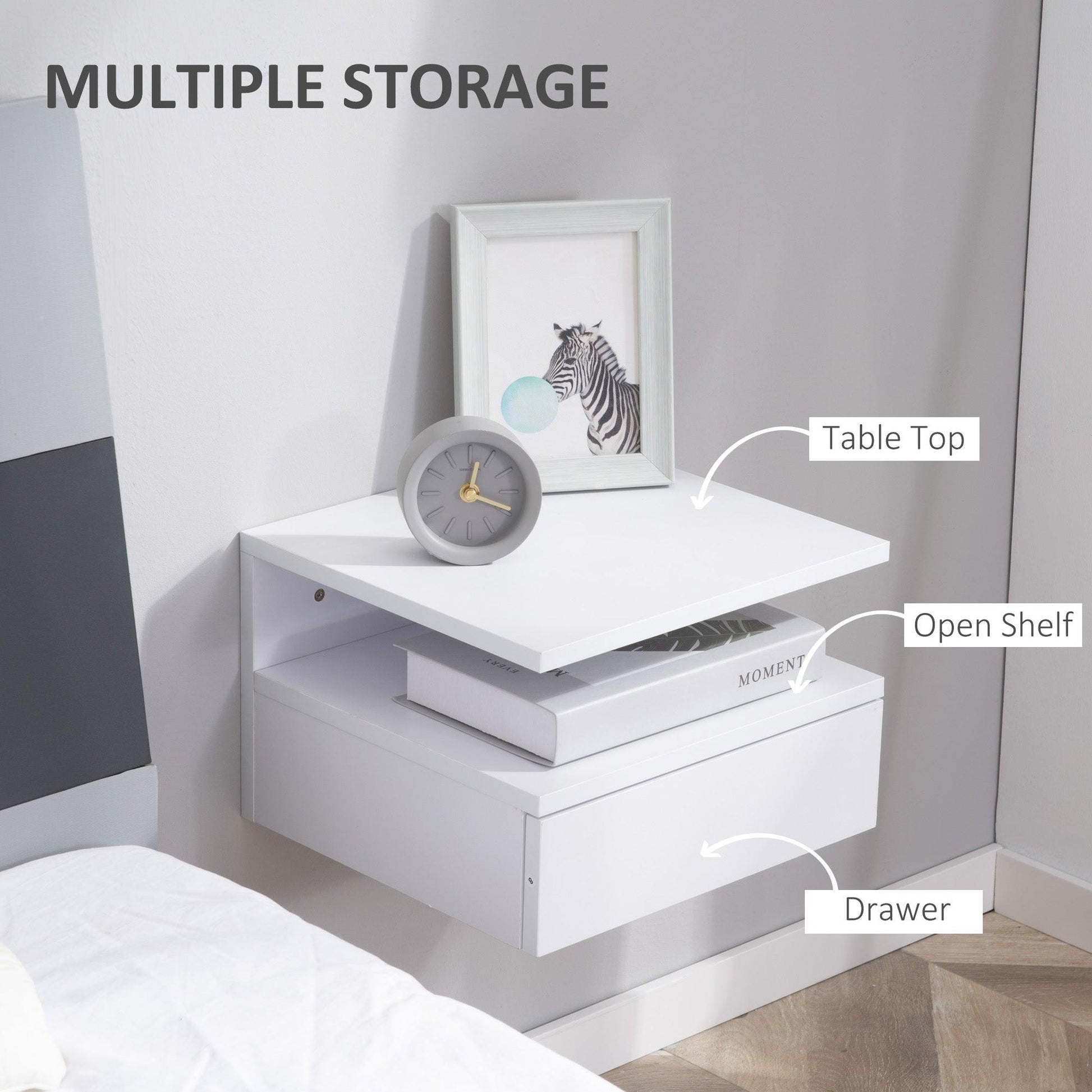 HOMCOM Floating Bedside Cabinet with Drawer and Open Shelf, Wall Mounted Nightstands, Bedside Table with Storage for Bedroom - ALL4U RETAILER LTD