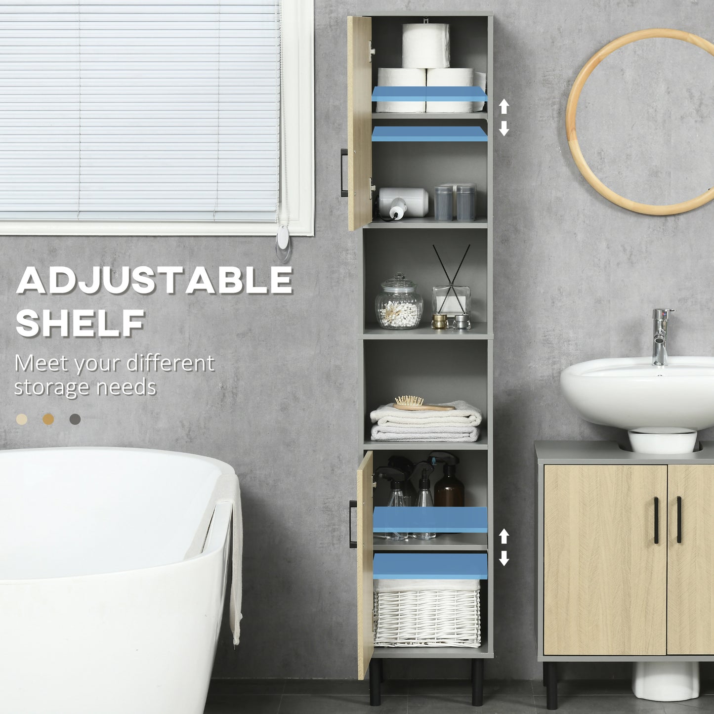 Kleankin Bathroom Furniture Set With Doors Tall Freestanding Cabinet With Adjustable Shelves Under Sink Grey
