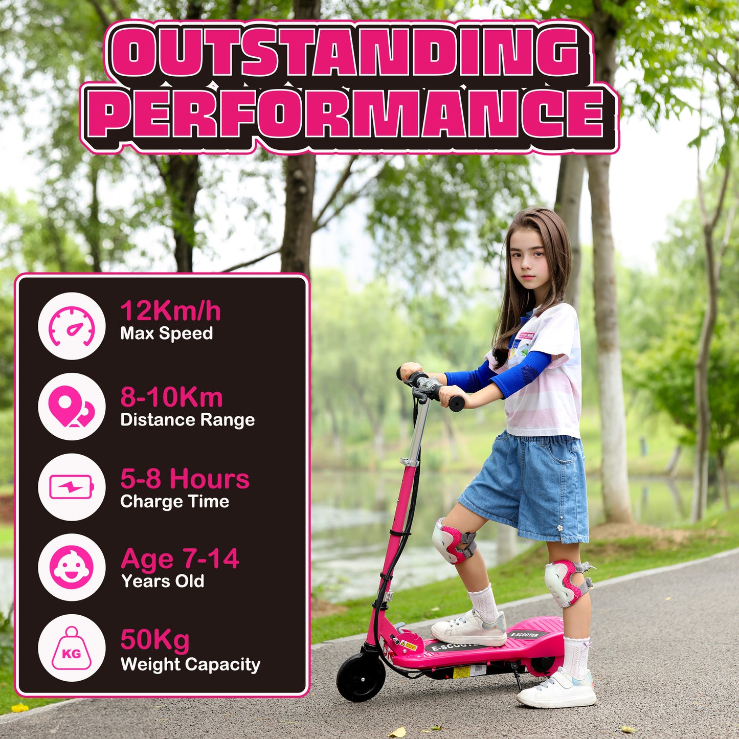 HOMCOM Pink Folding Electric Scooter for Kids Aged 7-14, Portable Ride-On