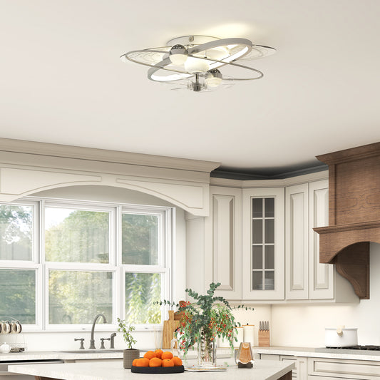 HOMCOM Ceiling Fan With Light And Remote 3 Colour Temperatures LED Mount Ceiling Fan Light For Bedroom Silver Tone