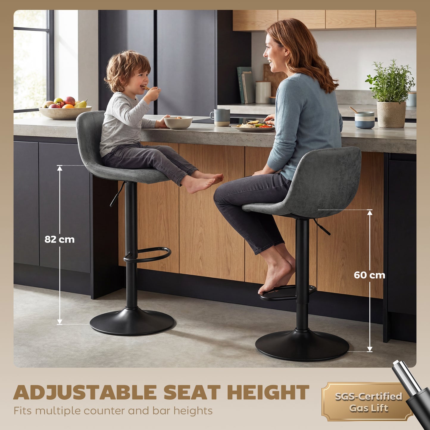 HOMCOM Bar Stools Set Of 2 Modern Swivel Barstools With Footrest Adjustable Height 60 cm To 82 cm For Kitchen Island Grey