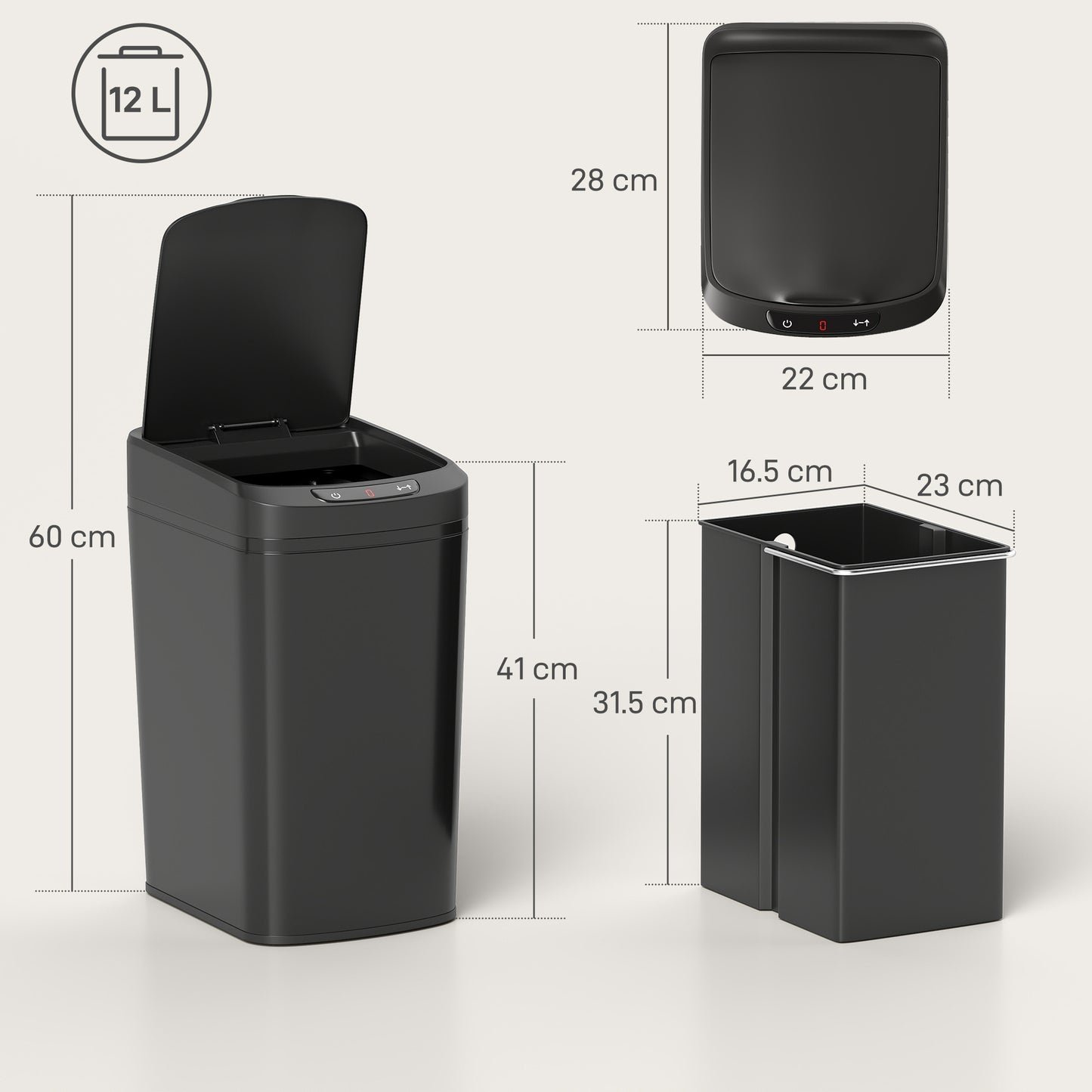 HOMCOM 12L Sensor Bin Automatic Touchless Motion Sensor Kitchen Bin in Fingerprint Resistant Stainless Steel Black