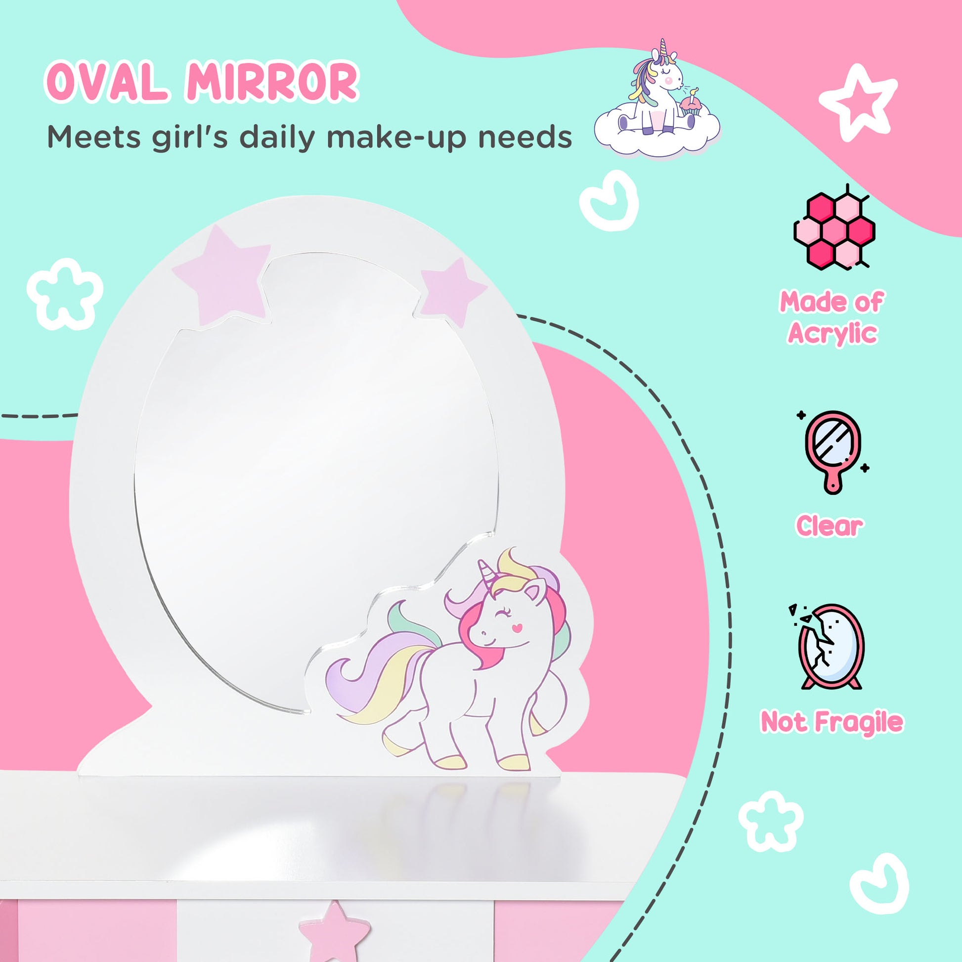 HOMCOM Unicorn-Themed Kids Vanity Set with Acrylic Mirror and Stool for Ages 3-6 - Pink and White - ALL4U RETAILER LTD