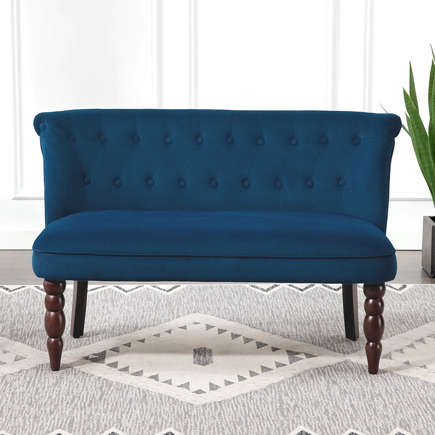 HOMCOM Velvet 2 Seater Sofa Button Tufted Wingback Loveseat Rubber Wood Legs Dark Blue for Living Room Bedroom