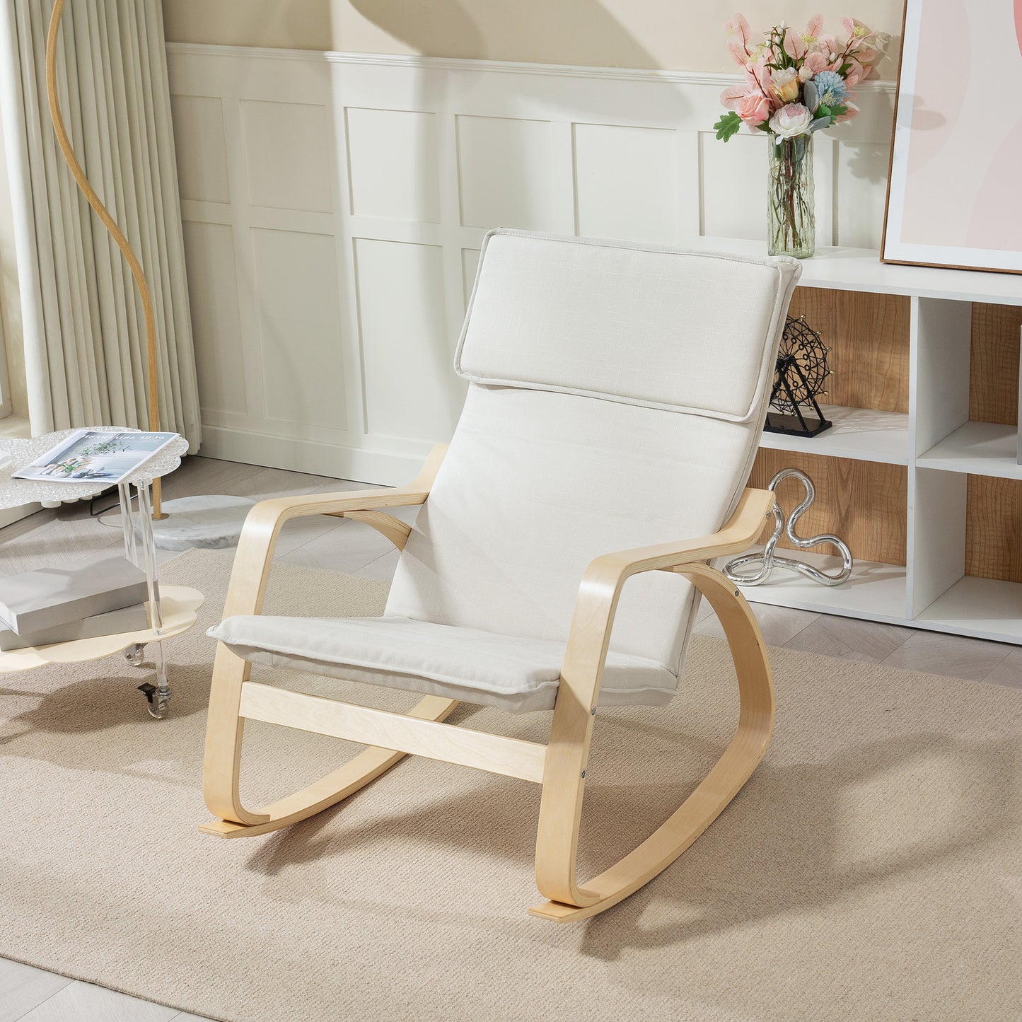 HOMCOM Comfortable Upholstered Rocking Chair Recliner With High Back And Headrest In Cream White For Living Room Bedroom