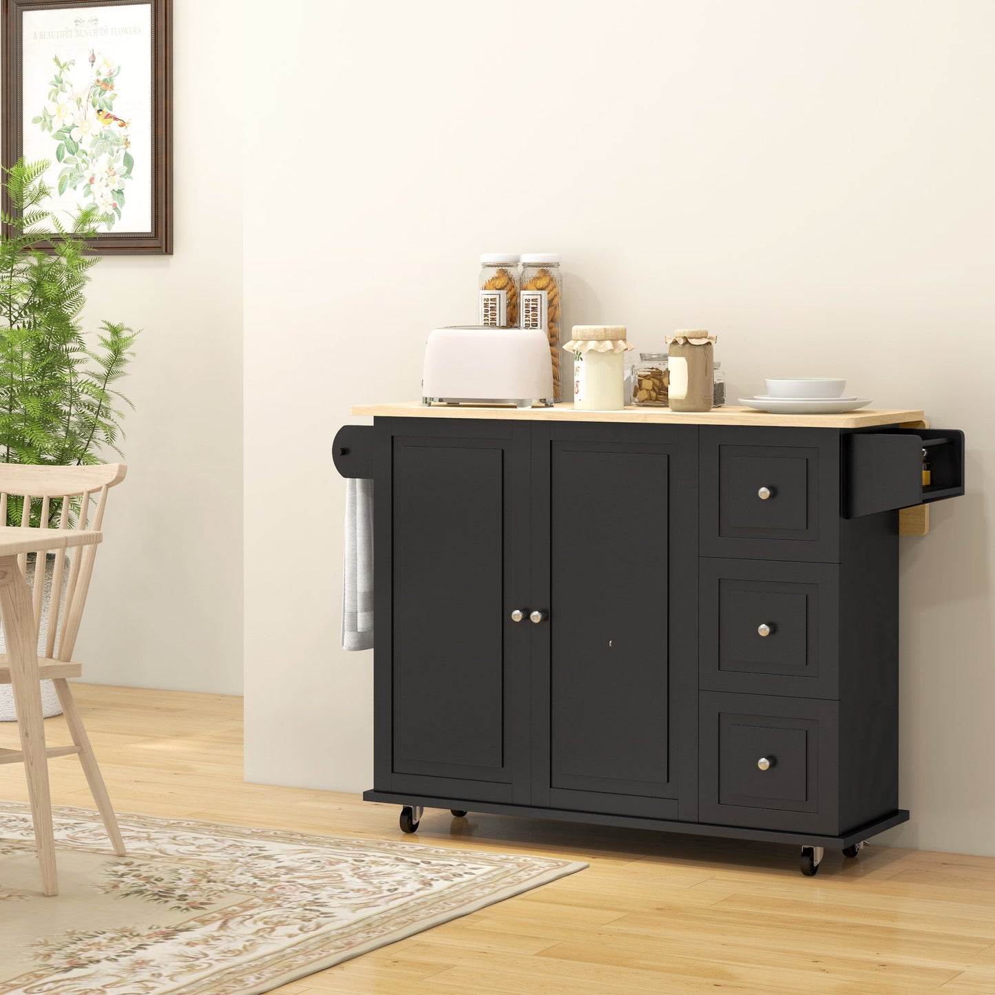 HOMCOM Kitchen Island On Wheels With Drop Leaf Black Rubberwood Top Rolling Storage Trolley Featuring 3 Drawers