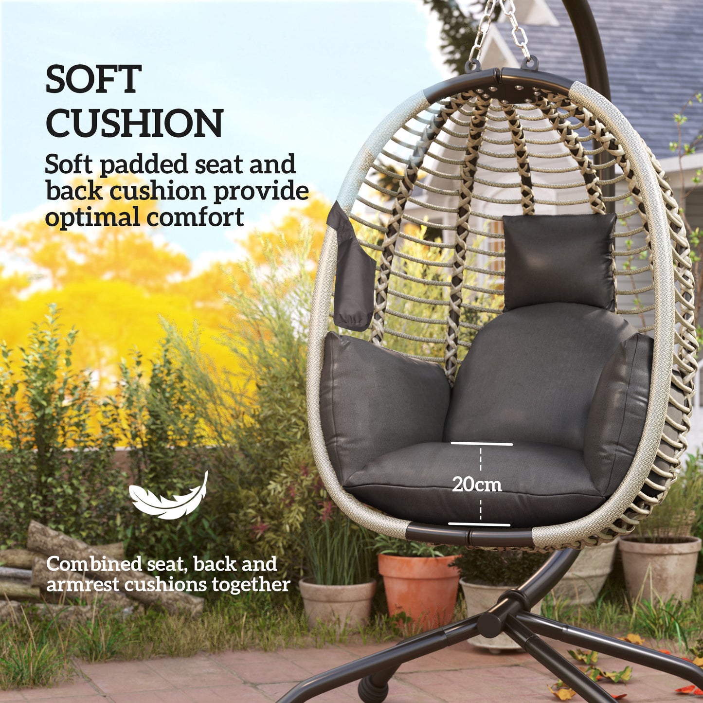 Outsunny Outdoor Hanging Egg Chair With Thick Padded Cushion And Metal Stand Foldable Basket Cup Holder