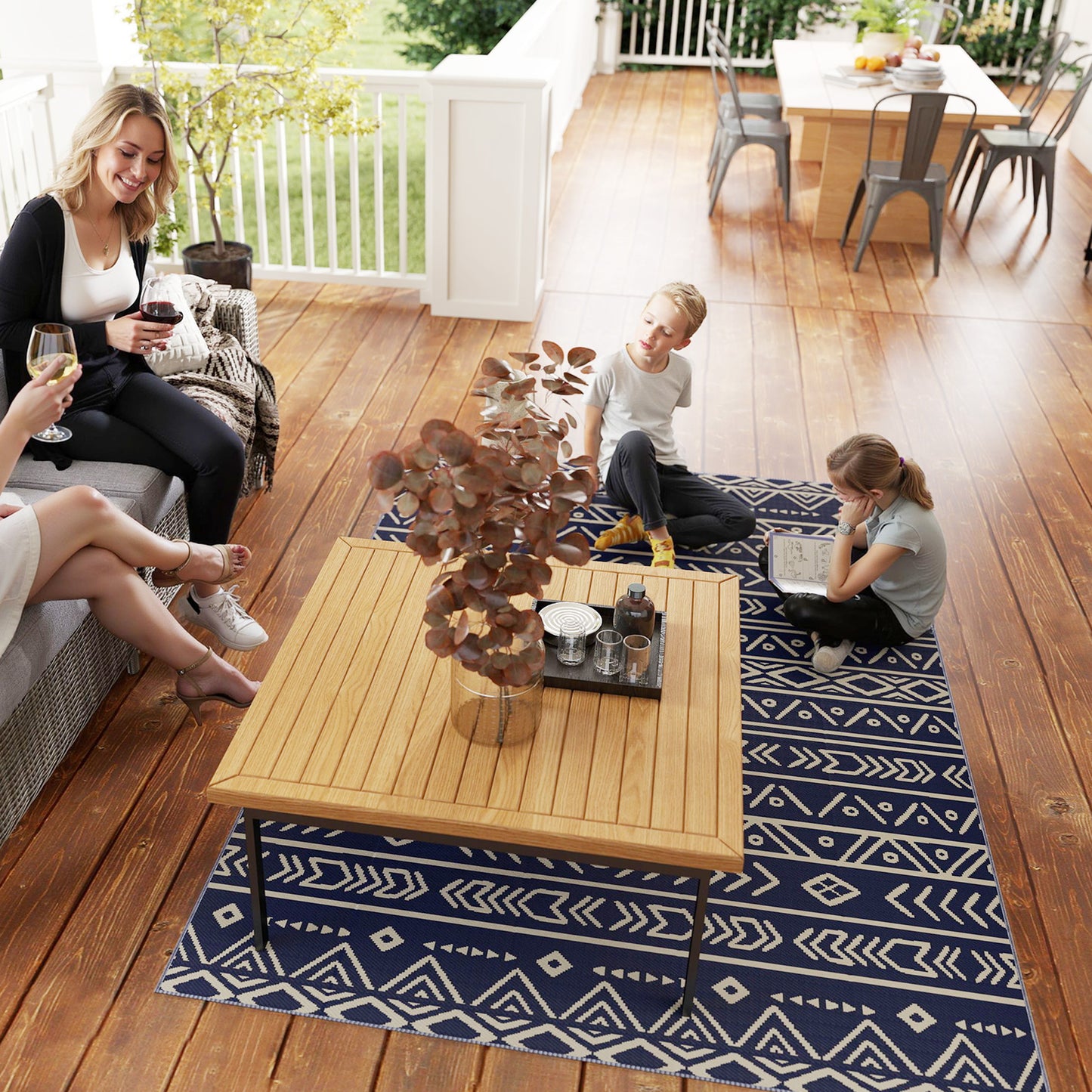 Outsunny Reversible Outdoor Rug with Carry Bag Waterproof Plastic Straw Mat 182 x 274 cm Dark Blue and White