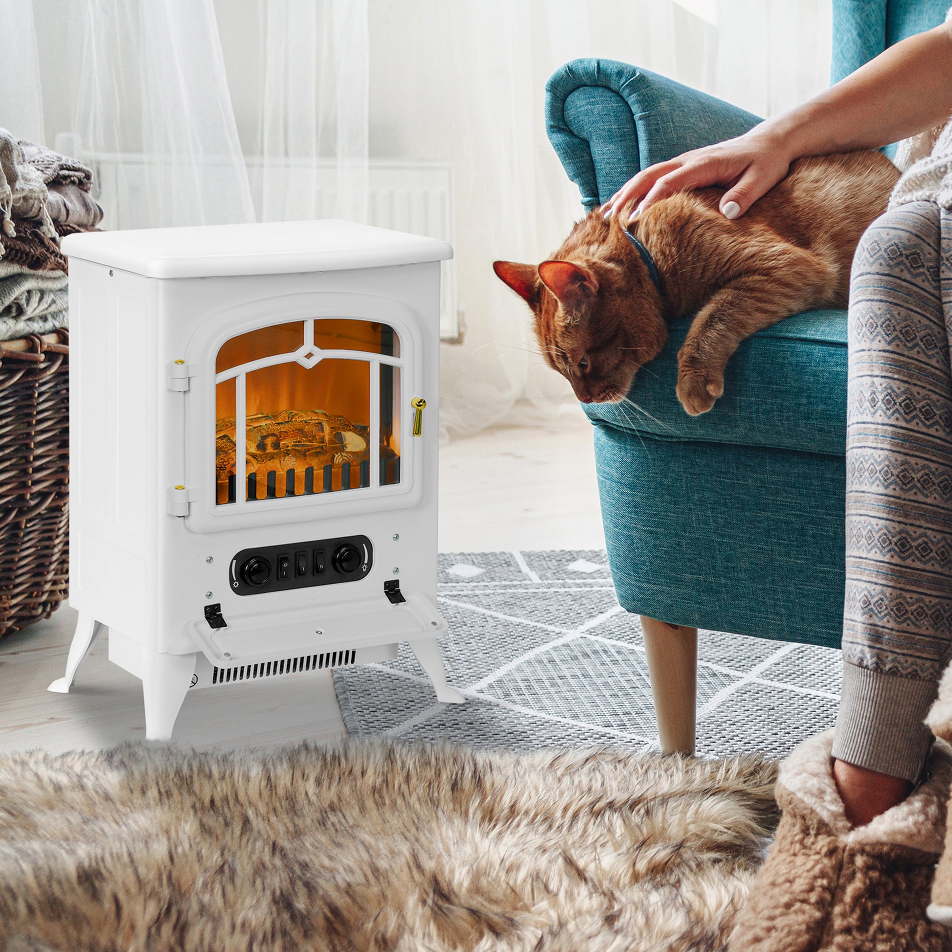 HOMCOM White Freestanding Electric Stove with Realistic Flame Effect, 950/1850W Heating Options - ALL4U RETAILER LTD