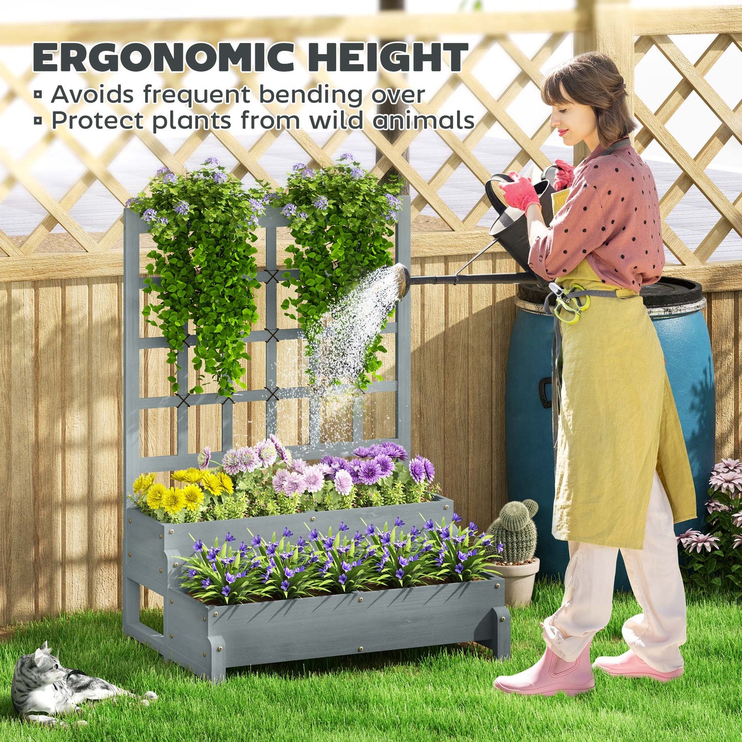 Outsunny 2 Tier Raised Garden Bed With Trellis Wooden Planter Box Drainage Holes Garden For Climbing Plants Grey