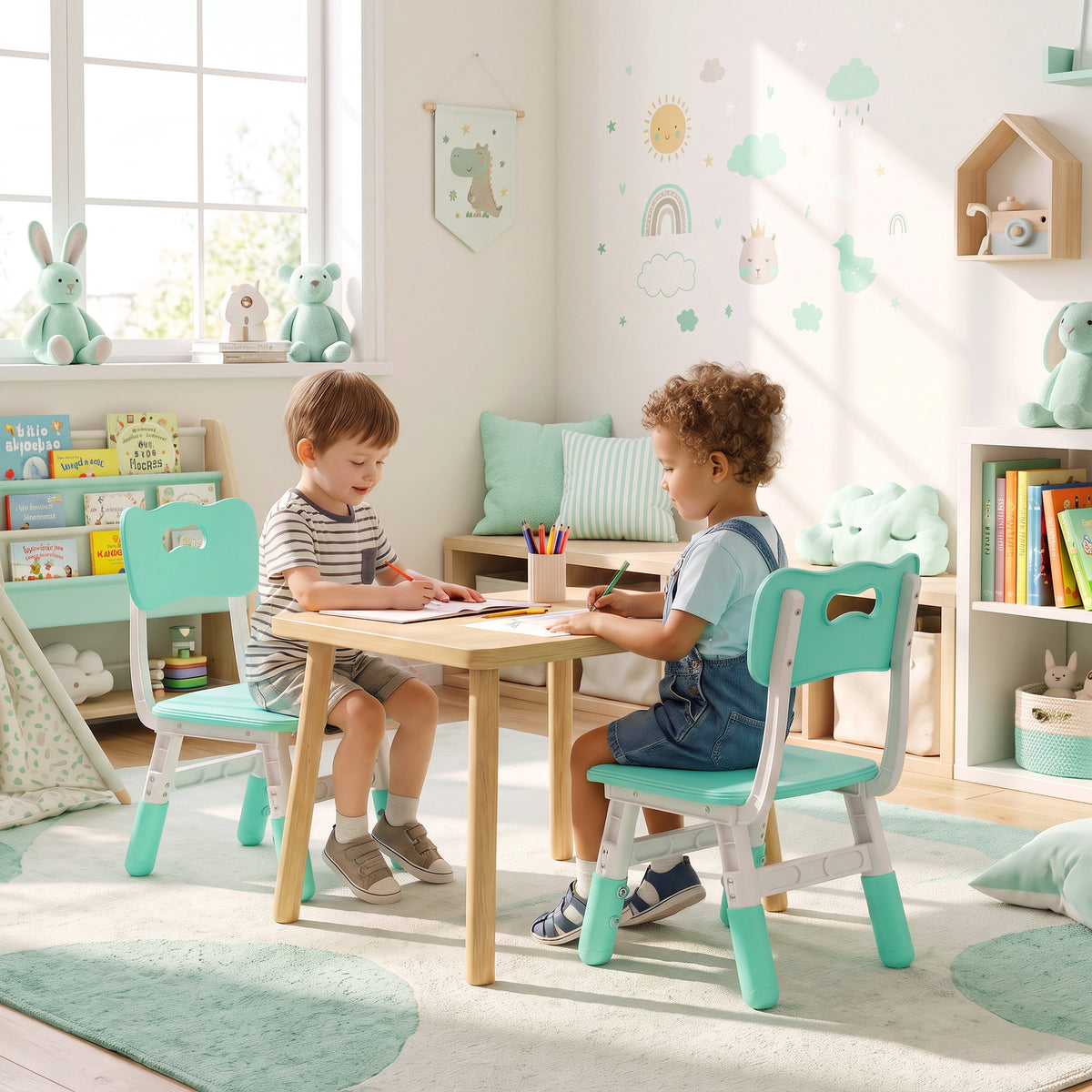 Set of 2 adjustable kids chairs with backrests, mint seats for kids at a table