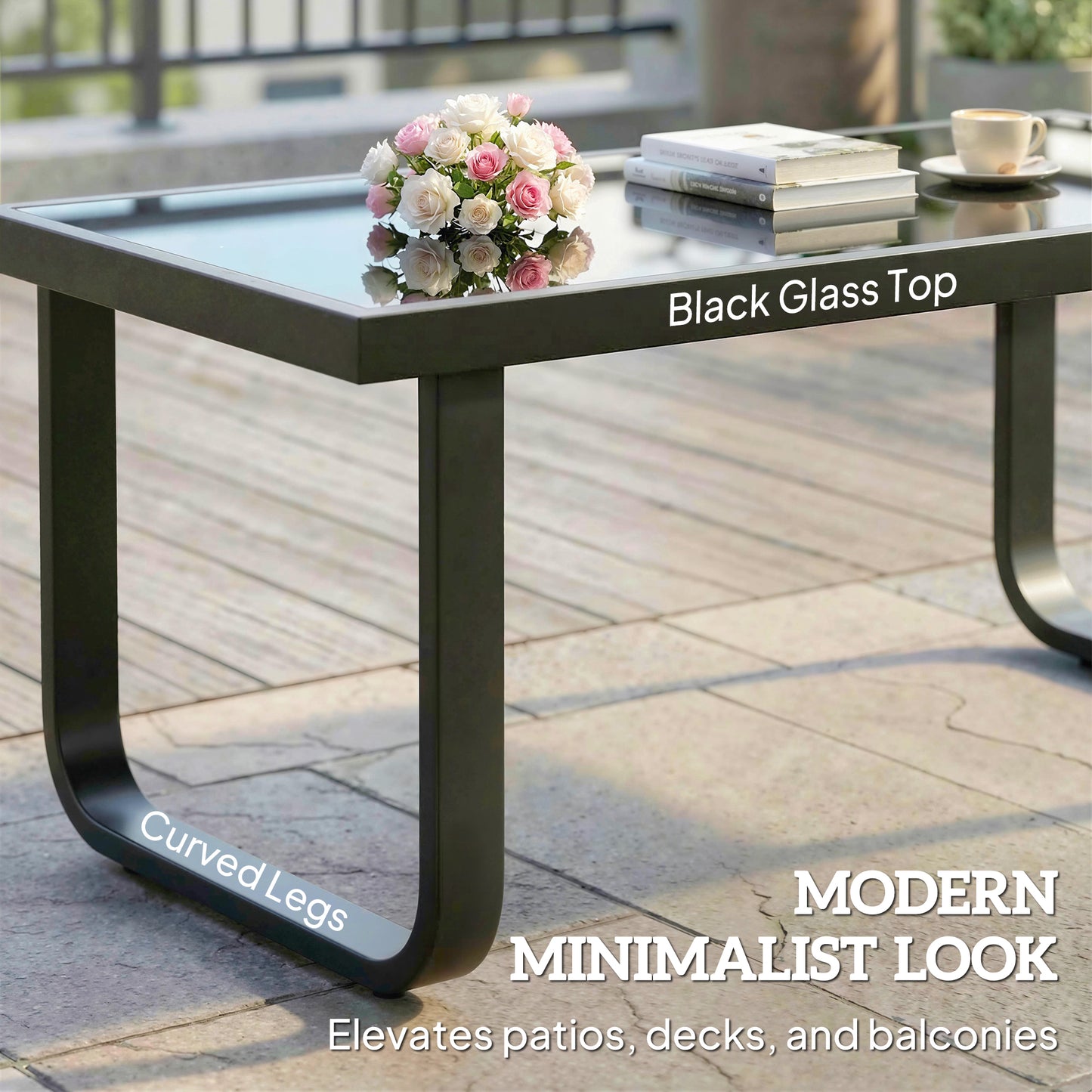 Outsunny Outdoor Garden Coffee Table With Rectangular Metal Frame Tempered Glass Top And Adjustable Foot Pads