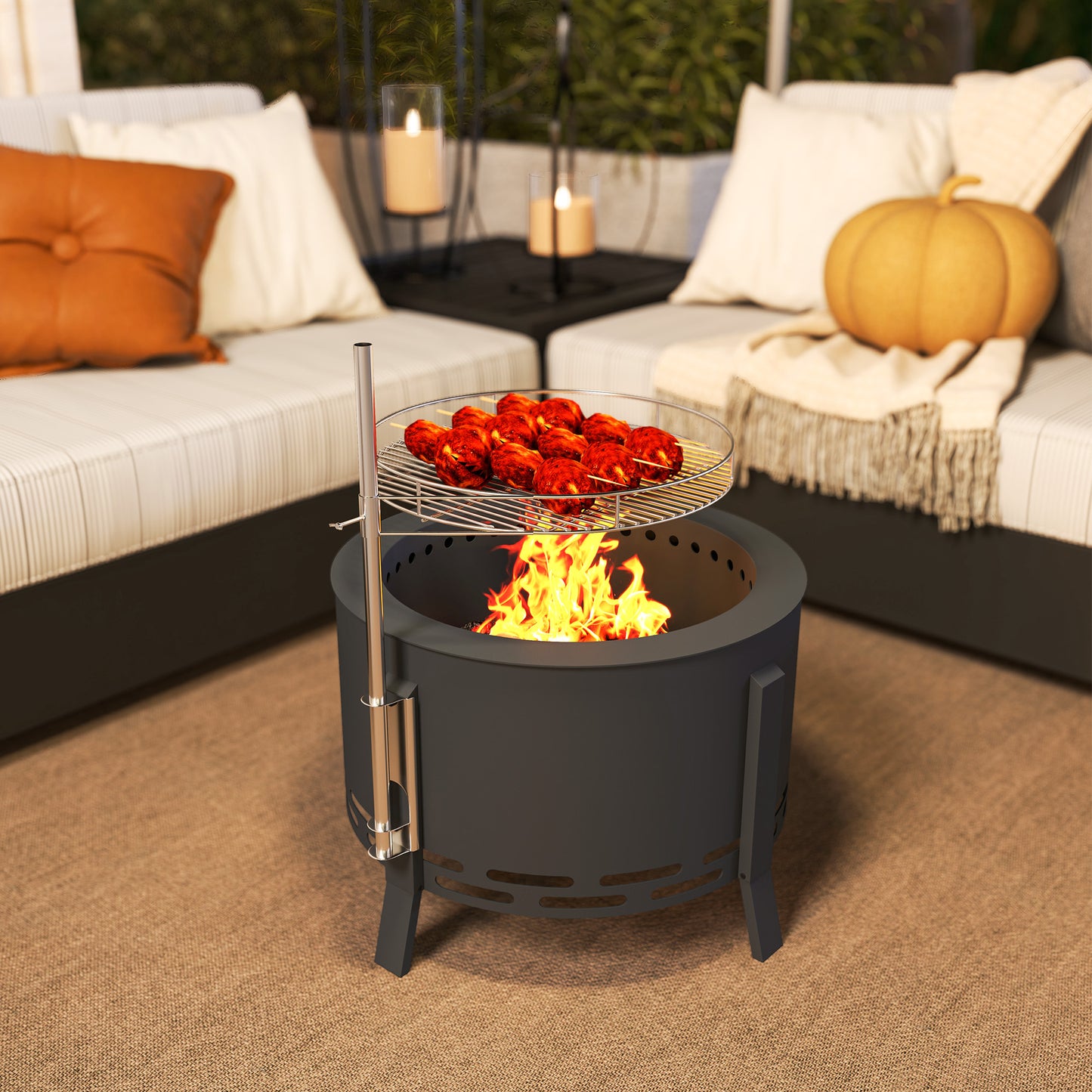 Outsunny Portable Fire Pit 58 cm Round With Grill Grate Ash Catcher And Poker For Garden Camping Bonfire BBQ Black