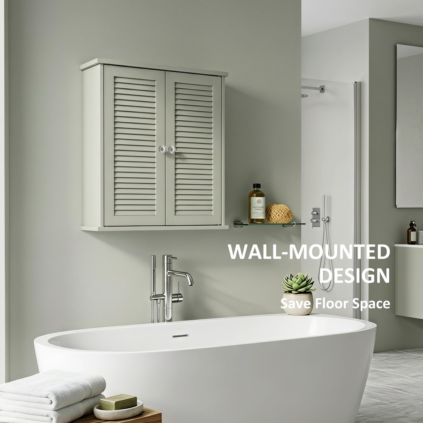 HOMCOM Bathroom Wall Cabinet With Louvered Doors And Adjustable Shelf Storage Light Green