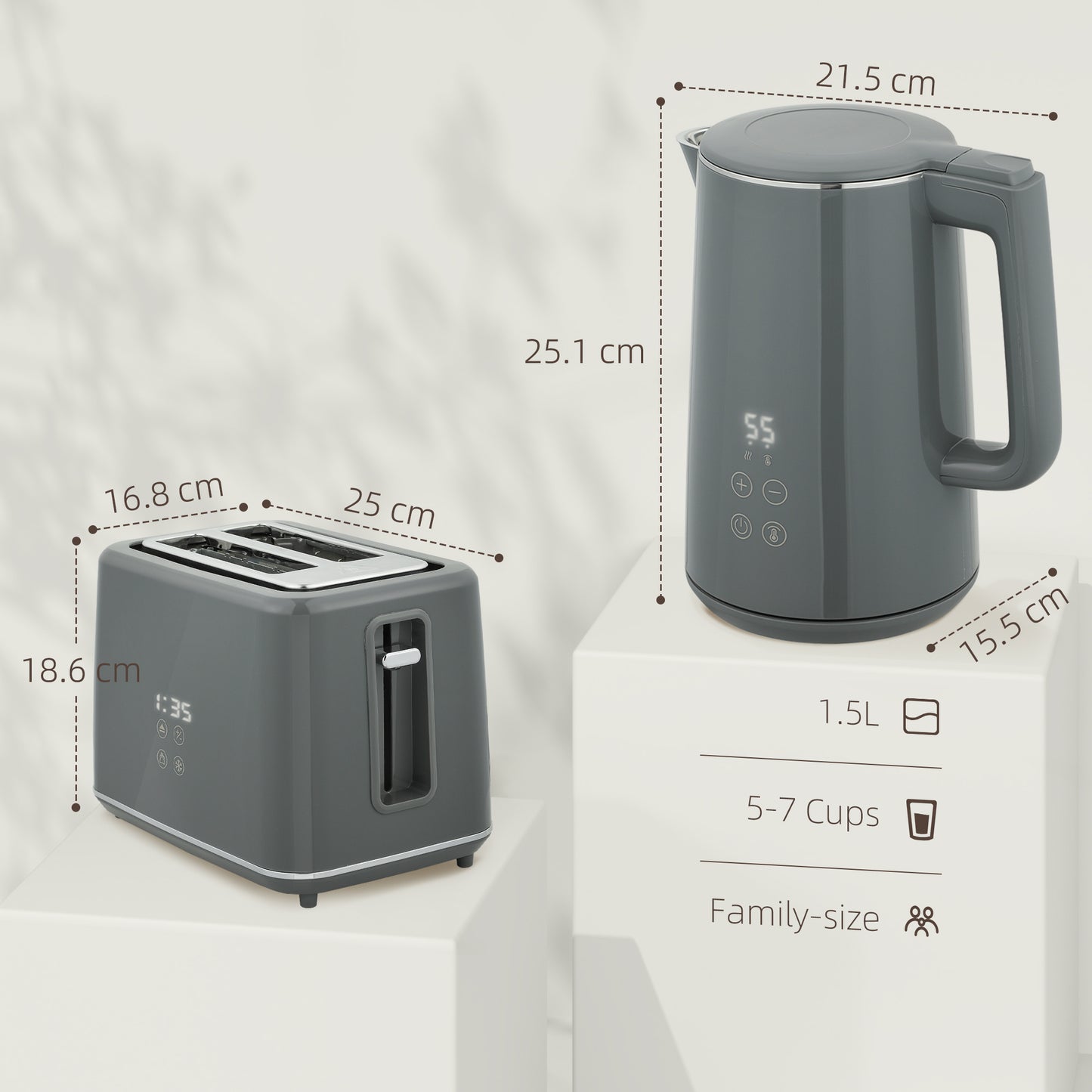 HOMCOM Digital Stainless Steel Kettle And Toaster Set 1.5L 3000W Boil Kettle And 2 Slice Toaster With 7 Browning Levels Grey