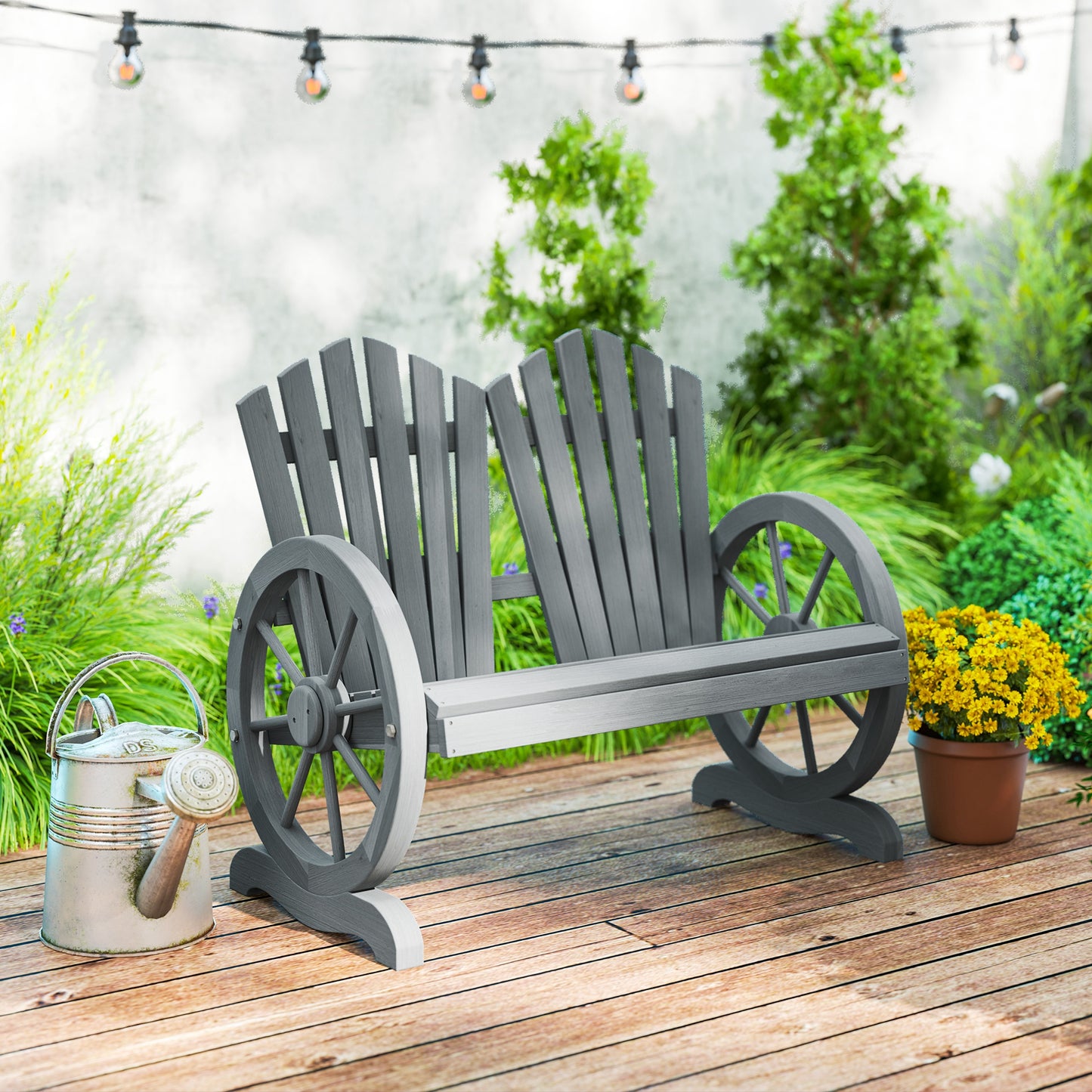 Outsunny Fir Wood Love Seats With Wheel-Shaped Armrests Large Load-Bearing Outdoor Patio Grey