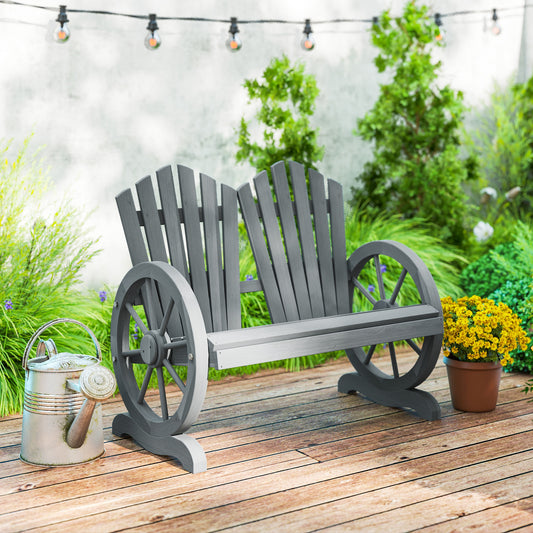 Outsunny Fir Wood Love Seats With Wheel-Shaped Armrests Large Load-Bearing Outdoor Patio Grey