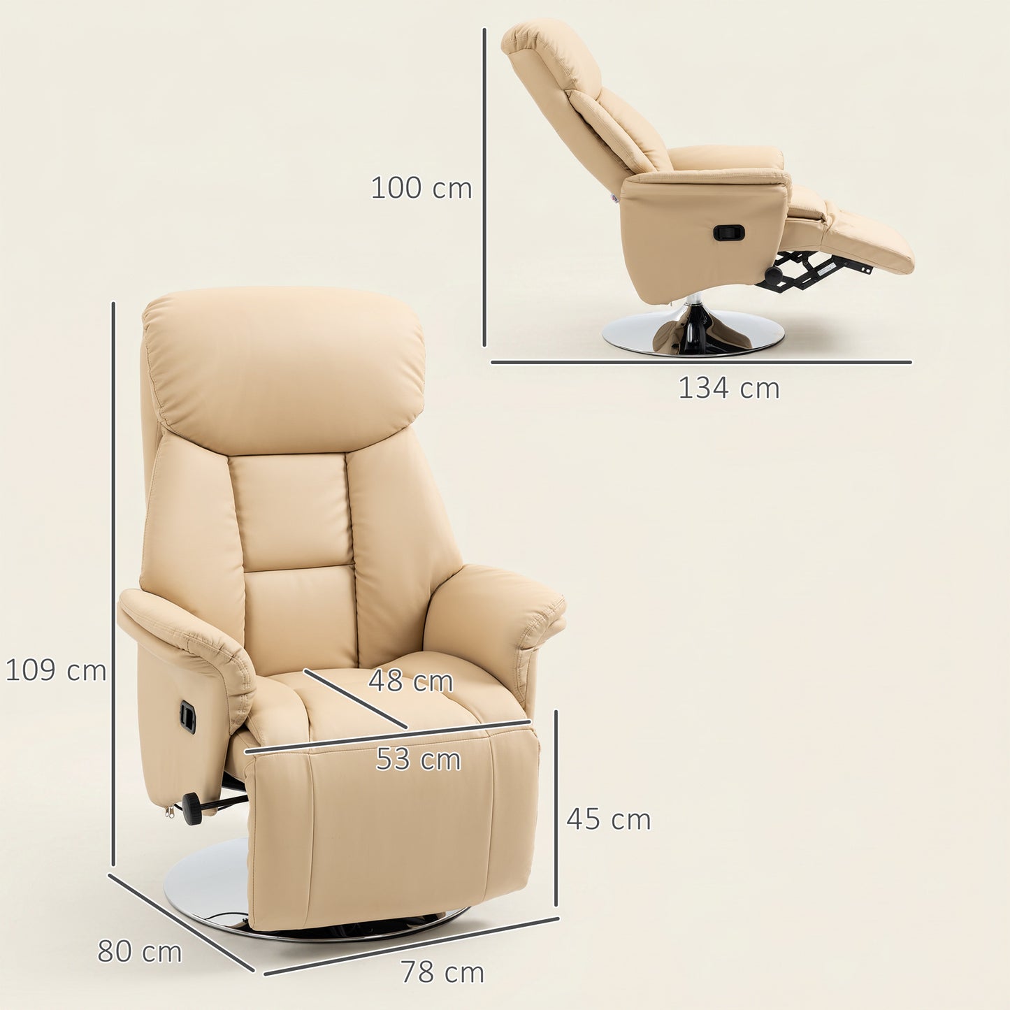 HOMCOM Manual Adjustable Swivel Recliner Chair With Footrest Padded Arms PU Leather Upholstery Beige