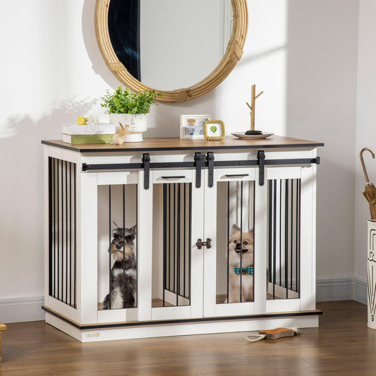 PawHut Dog Crate Furniture for Large Dogs, Double Dog Cage for Small Dogs, White - ALL4U RETAILER LTD