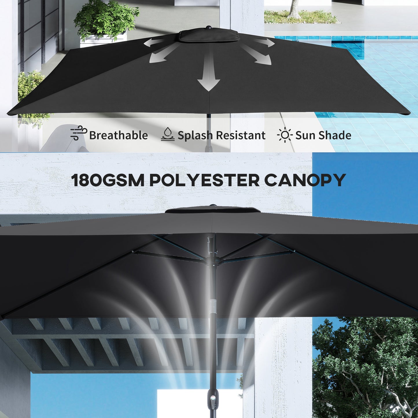 Outsunny Garden Parasol Umbrella With Crank Handle And Tilt Function 180g Polyester Canopy Fade Resistant Black
