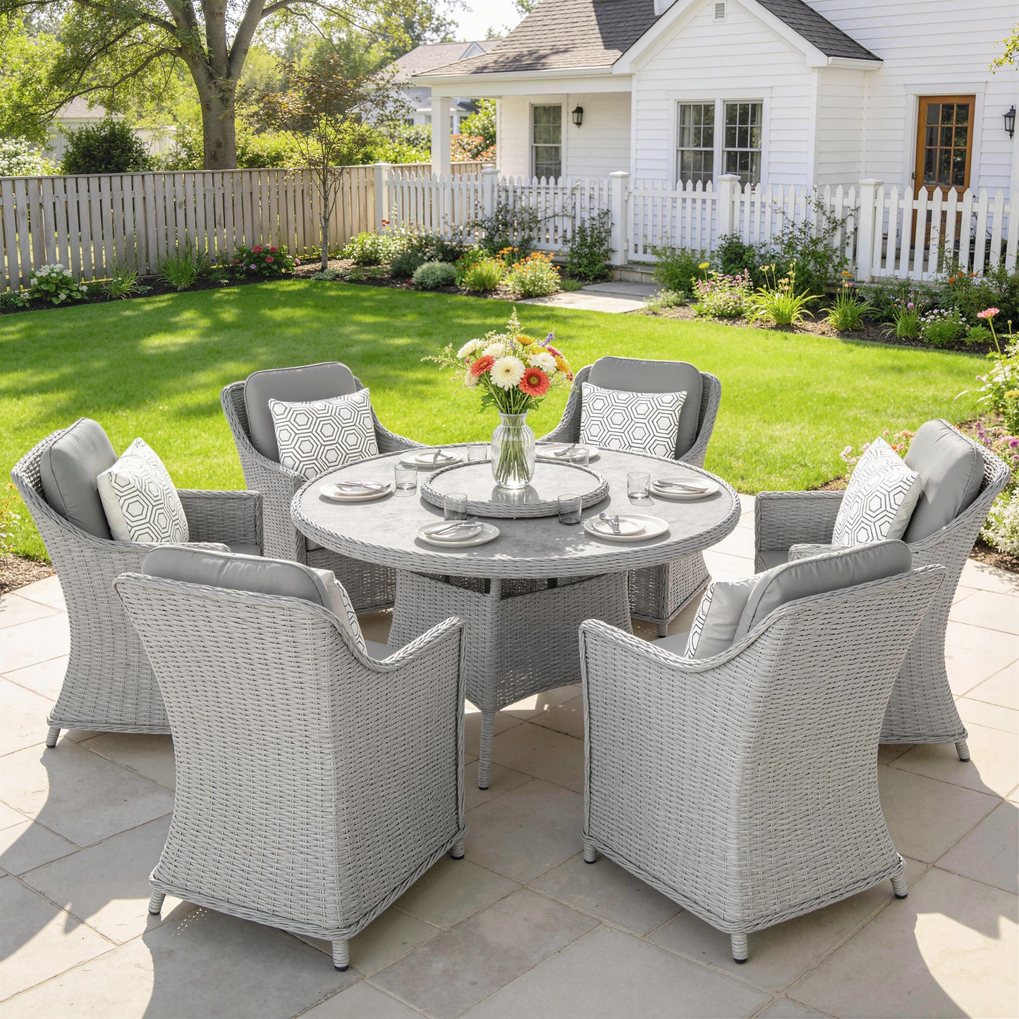 Outsunny Rattan Garden Dining Set With Turntable Marble Effect Glass Round Table And Aluminium Frame Chairs Grey