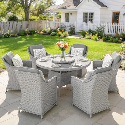 Outsunny Rattan Garden Dining Set With Turntable Marble Effect Glass Round Table And Aluminium Frame Chairs Grey
