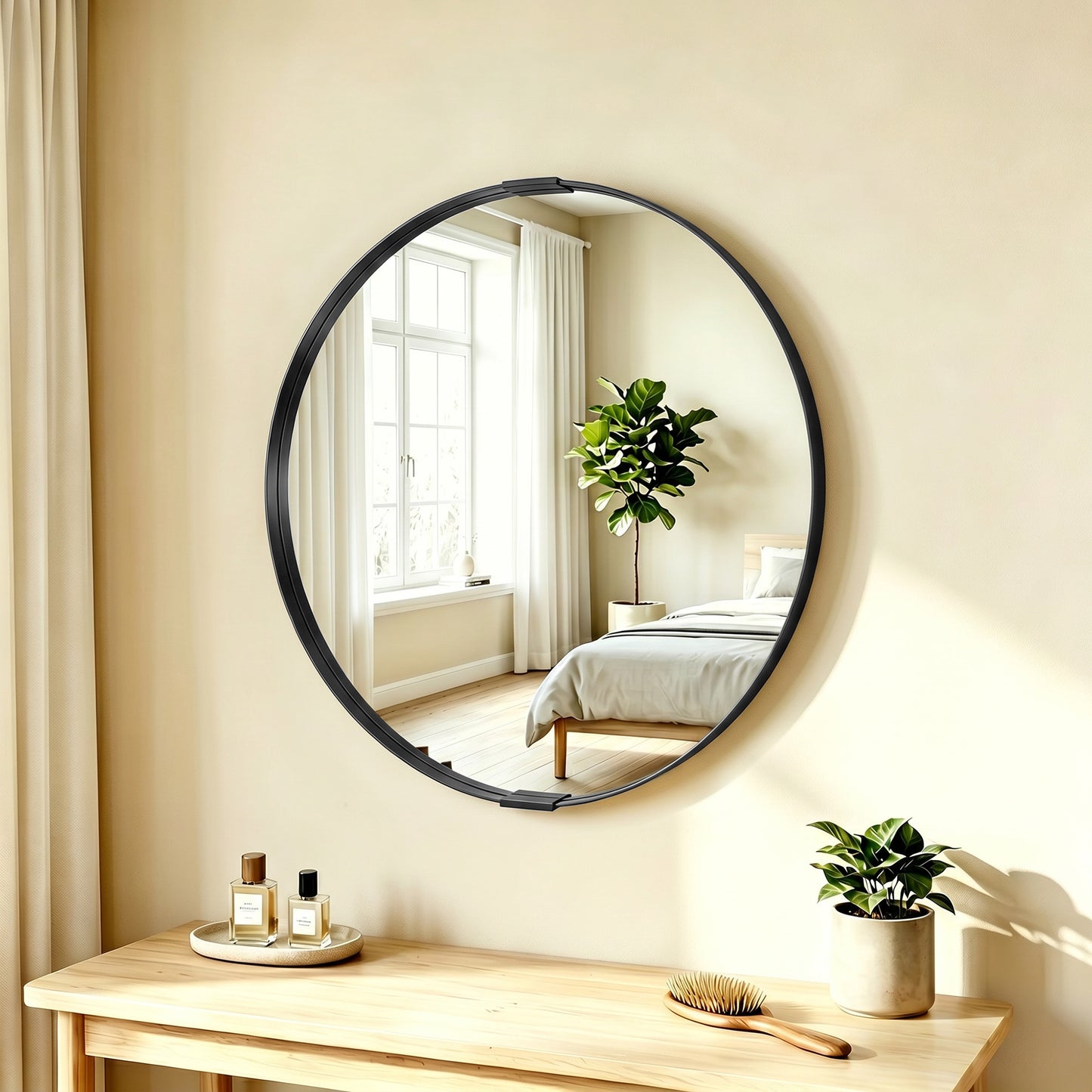 HOMCOM Round Wall Mirror 61 Cm Black Aluminium Alloy Frame Wall Mounted Bathroom Mirror With Tempered Safety Glass