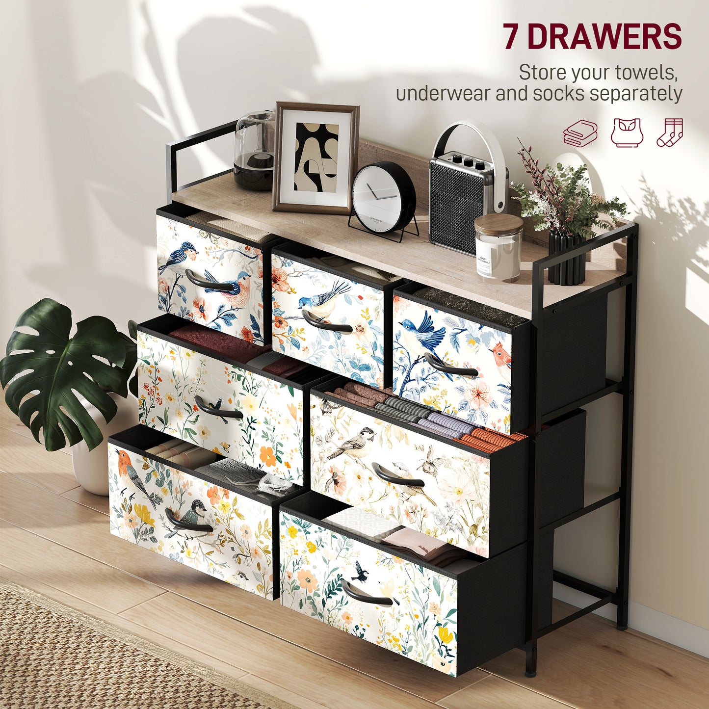 HOMCOM Seven Drawer Fabric Chest Of Drawers In White With Patterned Panels For Bedroom Organization