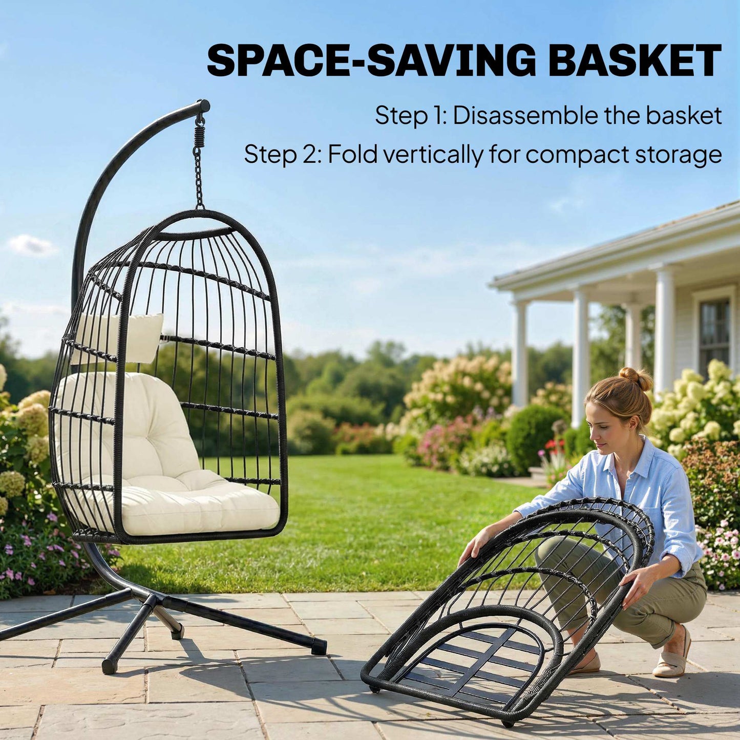 Outsunny Hanging Egg Chair With Stand For Indoor Outdoor Use Height Adjustable Cushioned Back Black Cream White