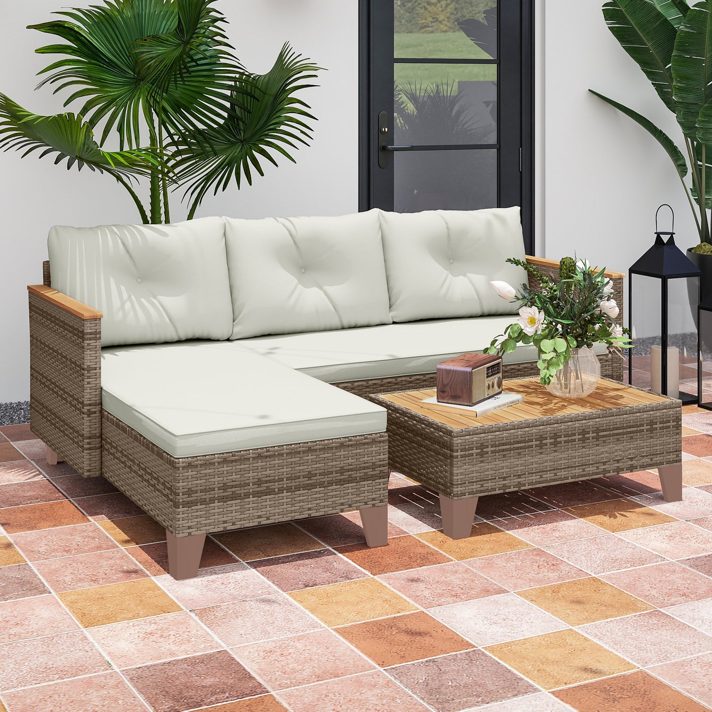Outsunny 3 Piece Rattan Garden Furniture Set L Conversation Chaise Lounge With Wood Top Coffee Table And Cream Cushions