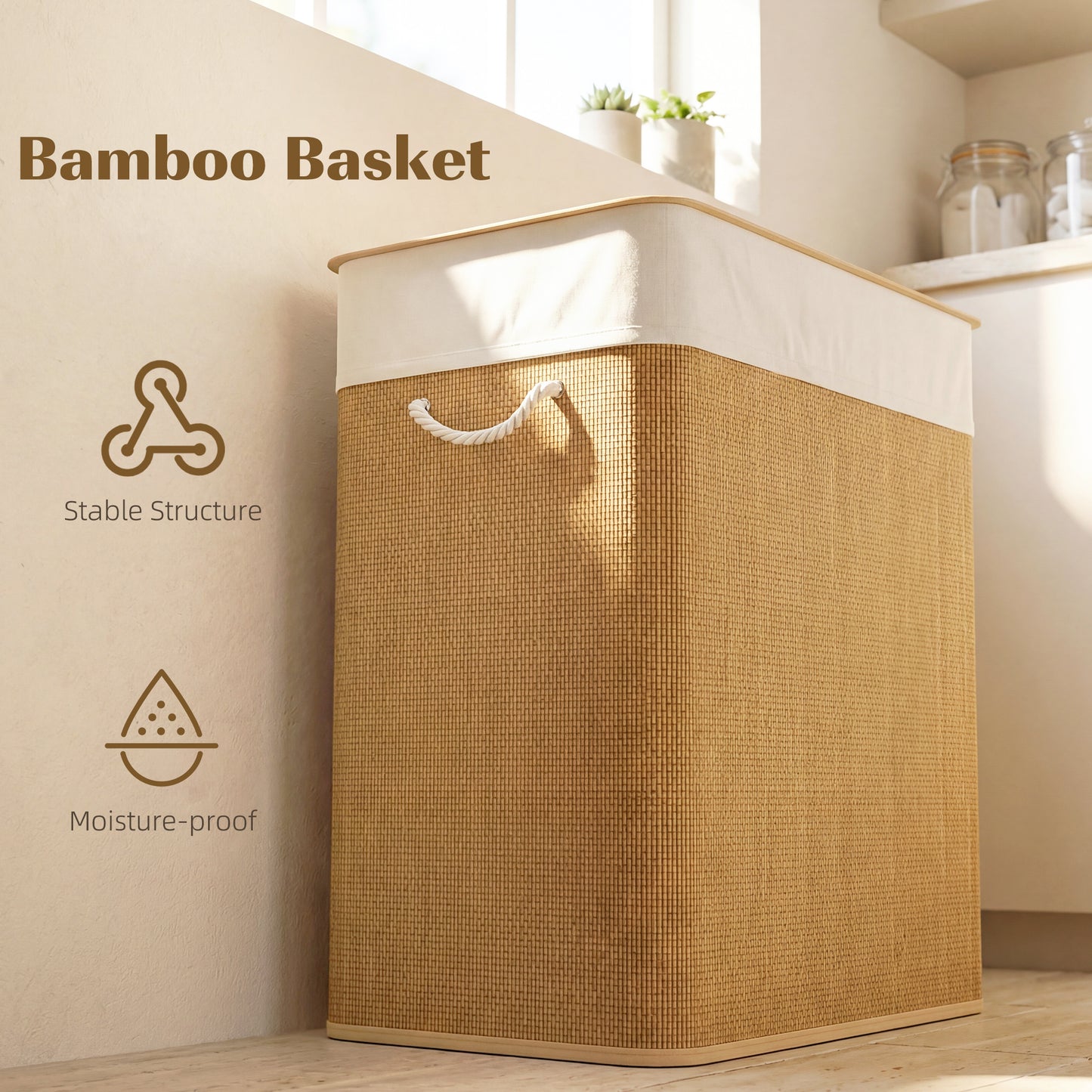 HOMCOM Double Laundry Basket With Lid 100L Bamboo Hamper With Rope Handles Removable Liner For Bathroom Bedroom Brown
