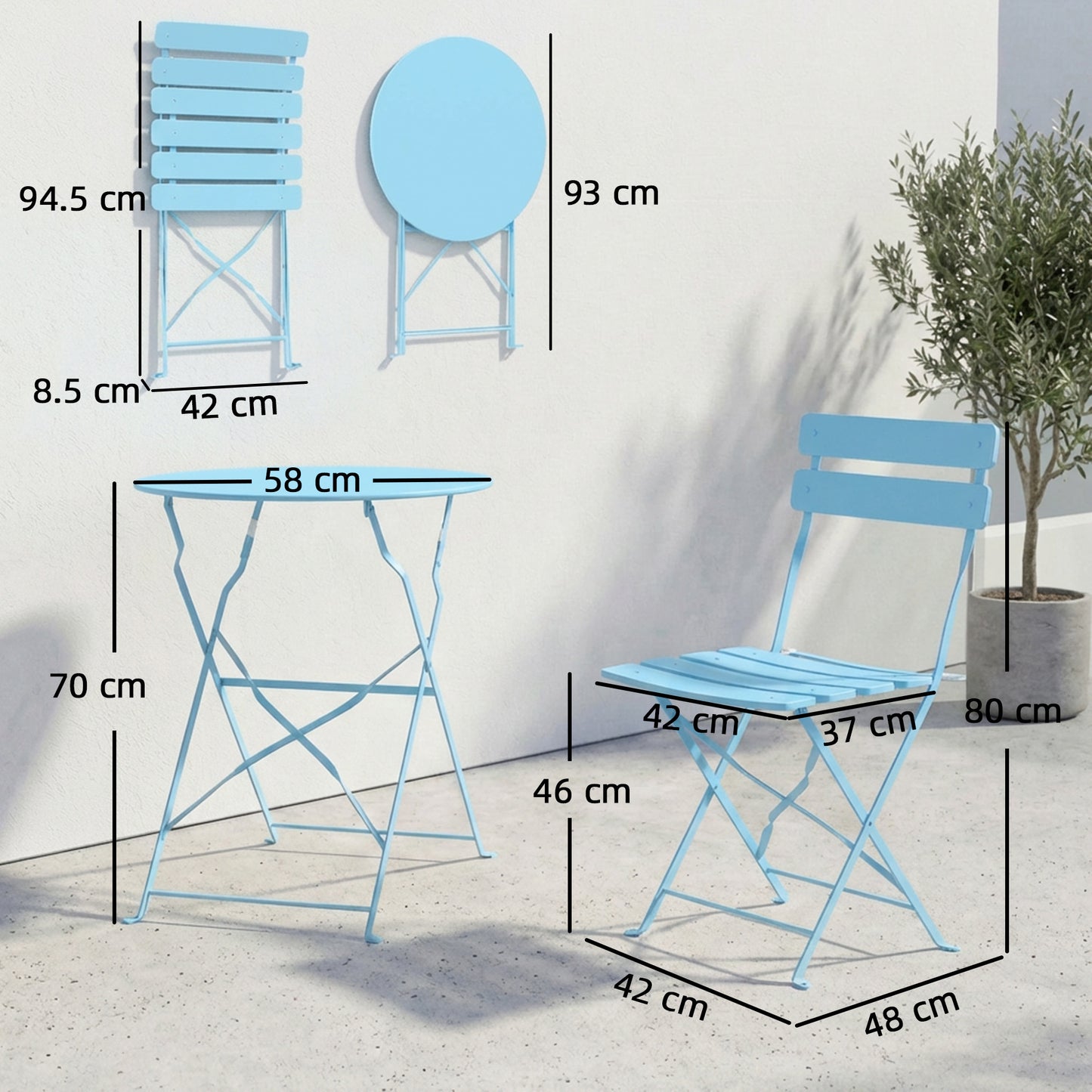 Outsunny Folding Garden Bistro Set for Two with Round Table and Chairs Electrophoresis Metal Frame Light Blue