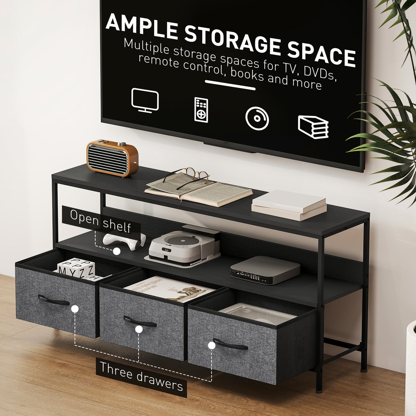 HOMCOM TV Stand Cabinet With Three Foldable Drawers Two Tone Design Black Finish