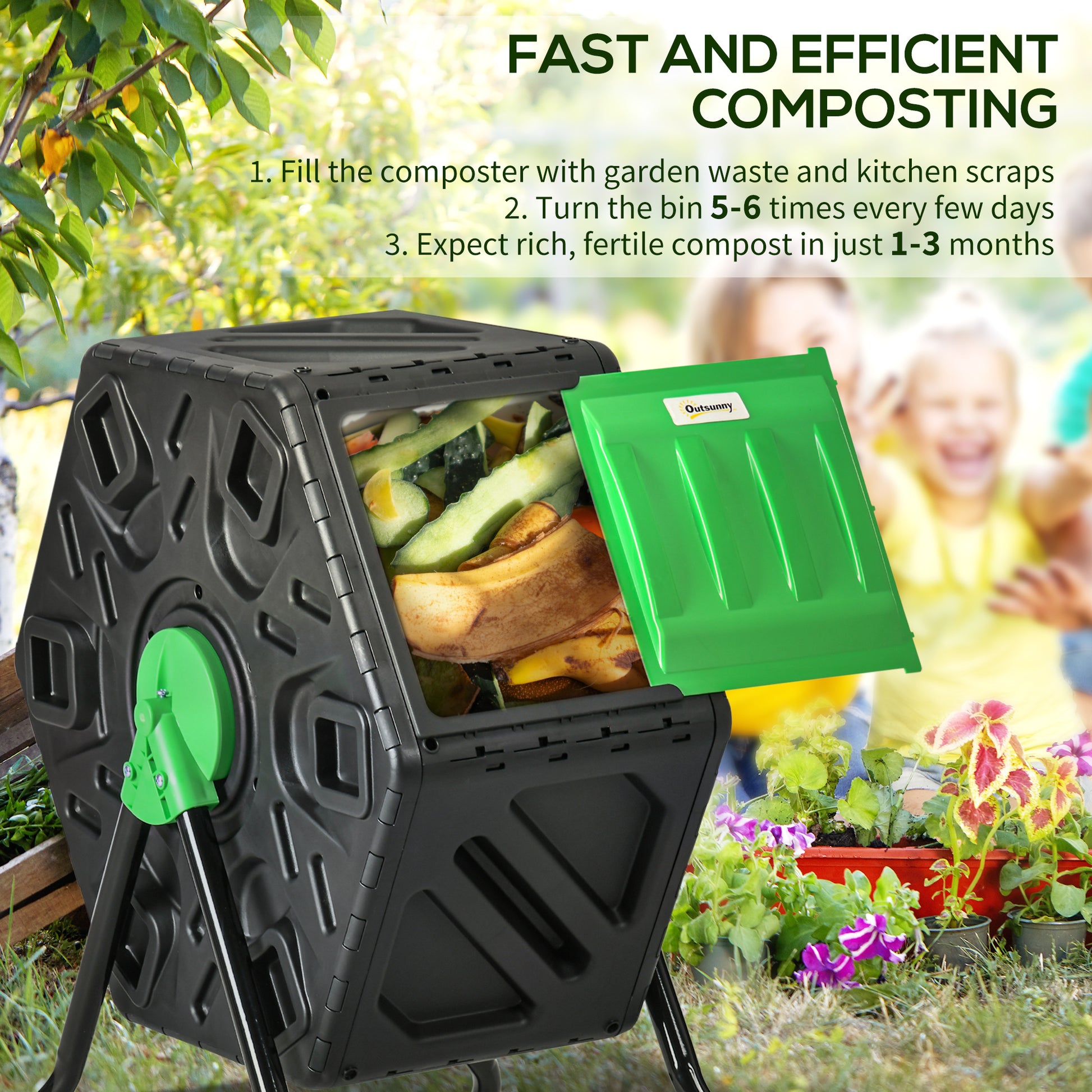 Outsunny 65L Rotating Garden Compost Bin with 48 Ventilation Openings and Steel Support Legs - ALL4U RETAILER LTD