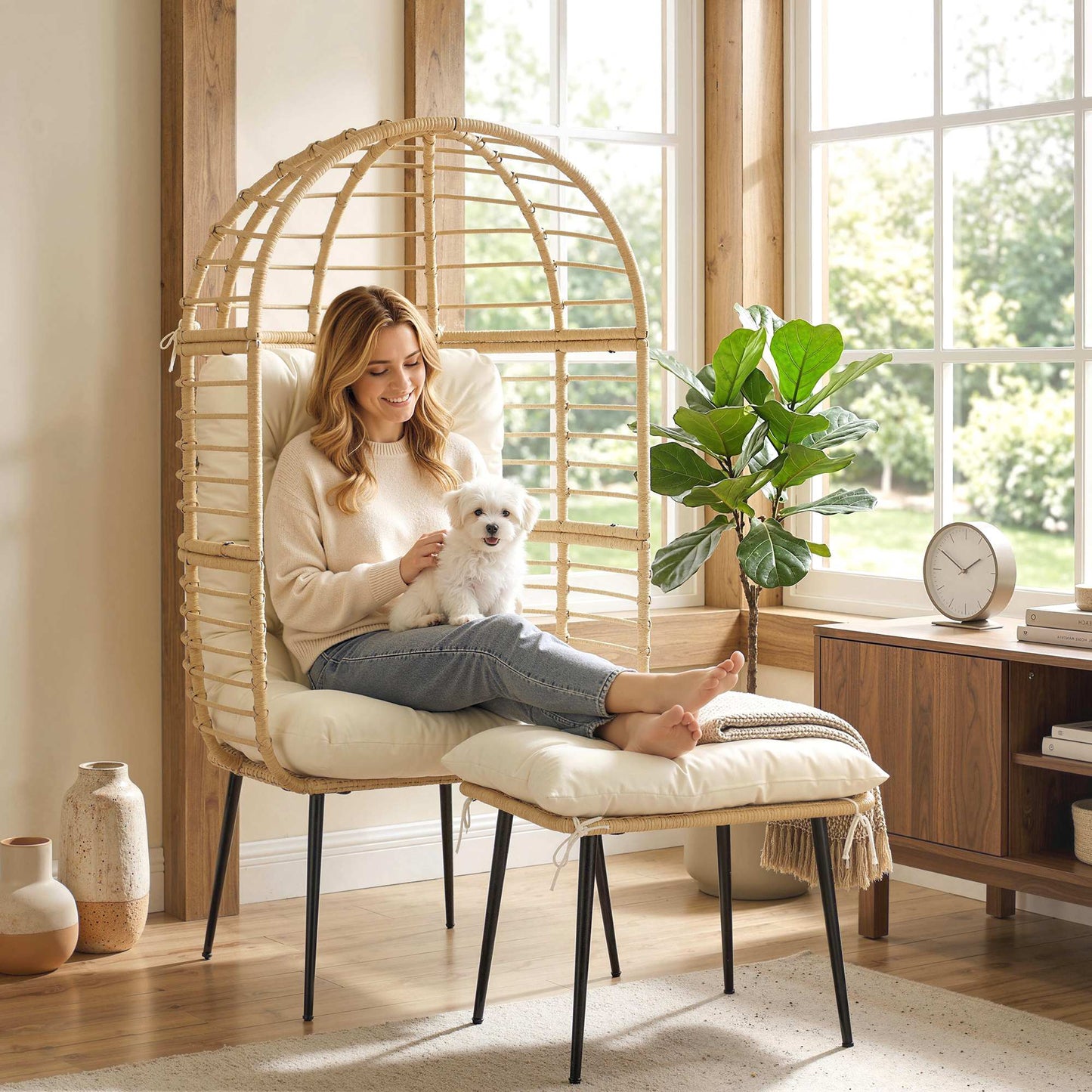 Outsunny Garden Egg Chair With Footstool Rattan Indoor Outdoor Lounge Chair And Ottoman Set Beige Cushions