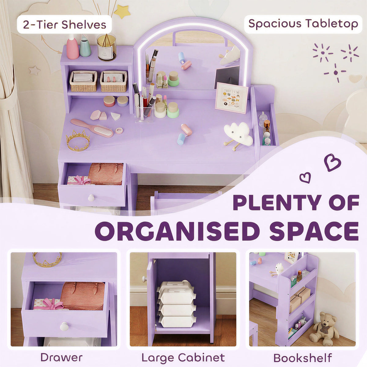 Kids Vanity Table Chair Set Led Mirror Storage Cabinet Purple